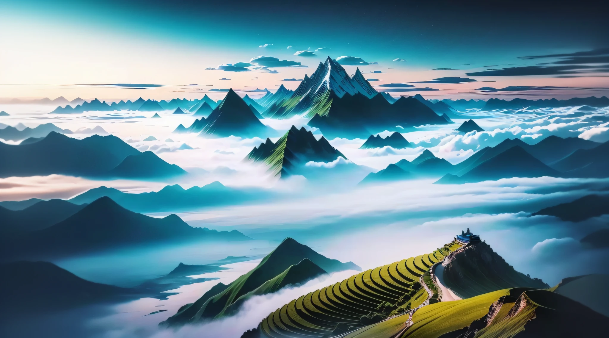 Distance，A mountain rises across a continuous mountain range，Towering above the sea of clouds，Like a giant grazing the sea of clouds。
Under the sea of clouds，A large river bypassed the giant foot of this cloud herd，Galloping away