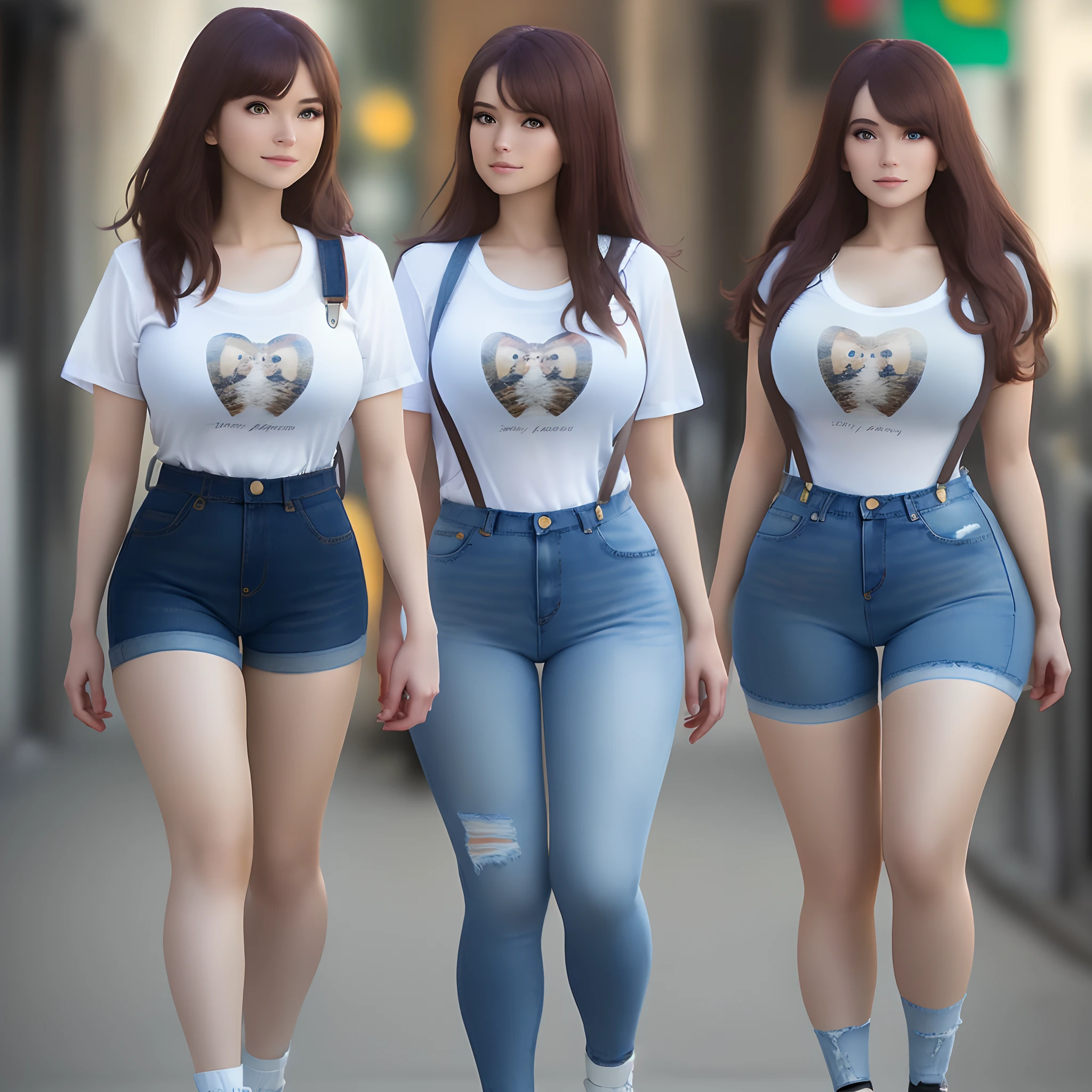 midynight, Need, 8k, tmasterpiece:1.3)), full bodyesbian, Long legs, Focalors:1.2, perfect figure beautiful woman:1.4, Slim abs:1.1, ((Dark brown hair, huge tit:1.2 )), (white tight t-shirt, Denim suspenders, standing on your feet:1.2