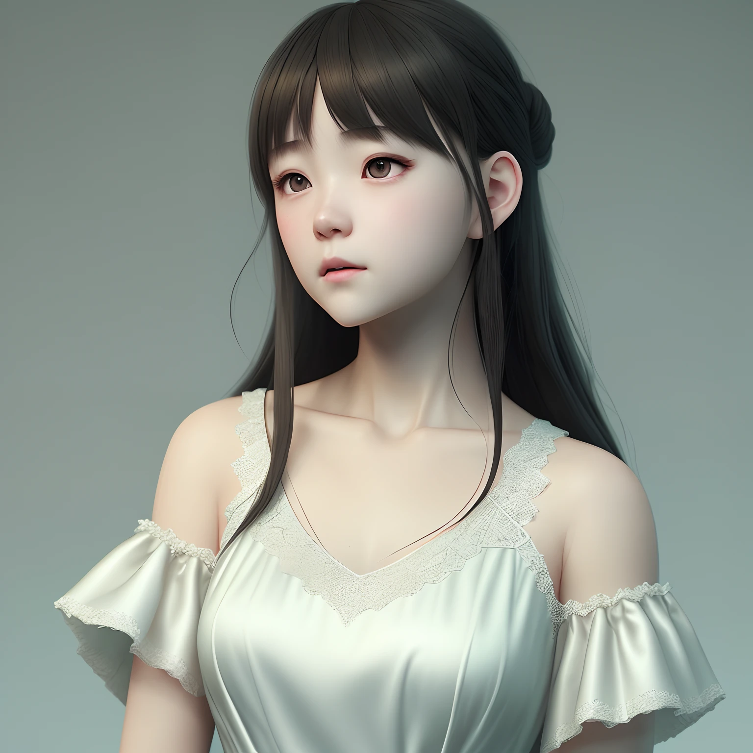 CGSociety's realistic style is developed by WLOP，Ilya Kuvshinov，Krenz Cushart，Greg Rutkowski，Popular on artstation。Zbrush engraving in color，Maya octane rendering，Houdini VFX。Realistic close-up face，cute young girl，expressing joy，is wearing  dress，Silky hair，Deep eyes。Amazing textures，oil painted。Cinematic theatrical atmosphere，Clear focus，Soft volumetric studio lighting。Large chest，young