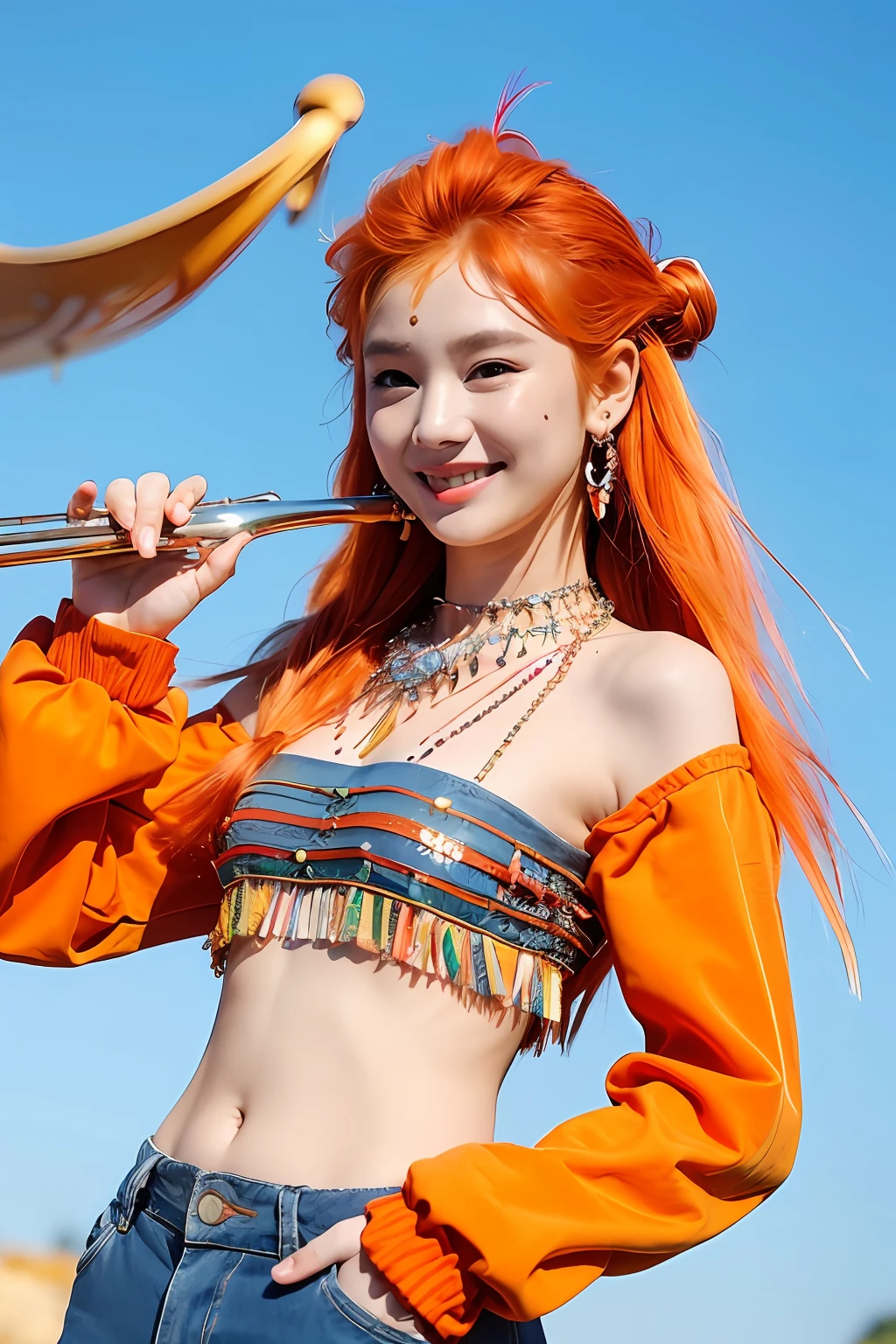 (extra detailed body、extra detailed face、best qualtiy:1.2)、femele、looking at the viewers、(Orange hair、Flashy clothes、、a smile、Feather piercings down to the bottom of the shoulder、hippy、hair adornments、Fancy Necklaces、Trumpet pants)、(Woodstock Blue Sky:1.4)
