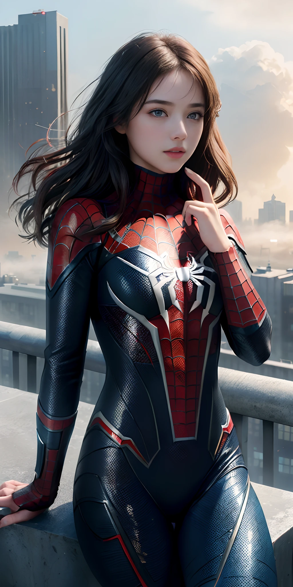 (1girl:1.3), Solo, (((Very detailed face)))), ((Very detailed eyes and face)))), Beautiful detail eyes, Body parts__, Official art, Unified 8k wallpaper, Super detailed, beautiful and beautiful, beautiful, masterpiece, best quality, original, masterpiece, super fine photo, best quality, super high resolution, realistic realism, sunlight, full body portrait, amazing beauty, dynamic pose, delicate face, vibrant eyes, (from the front), She wears Spider-Man suit, red and black color scheme, spider, very detailed city roof background, rooftop, overlooking the city, detailed face, detailed complex busy background, messy, gorgeous, milky white, highly detailed skin, realistic skin details, visible pores, clear focus, volumetric fog, 8k uhd, DSLR, high quality, film grain, fair skin, photo realism, lomography, futuristic dystopian megalopolis, translucent
