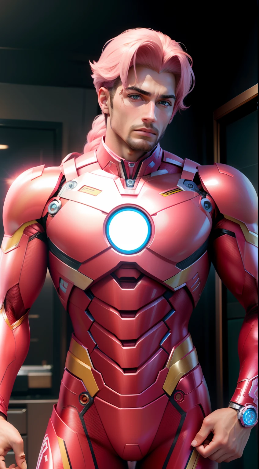 "In a Barbie world, a man wearing a Ironman suit, with a touch of pink.",look like men, realistic