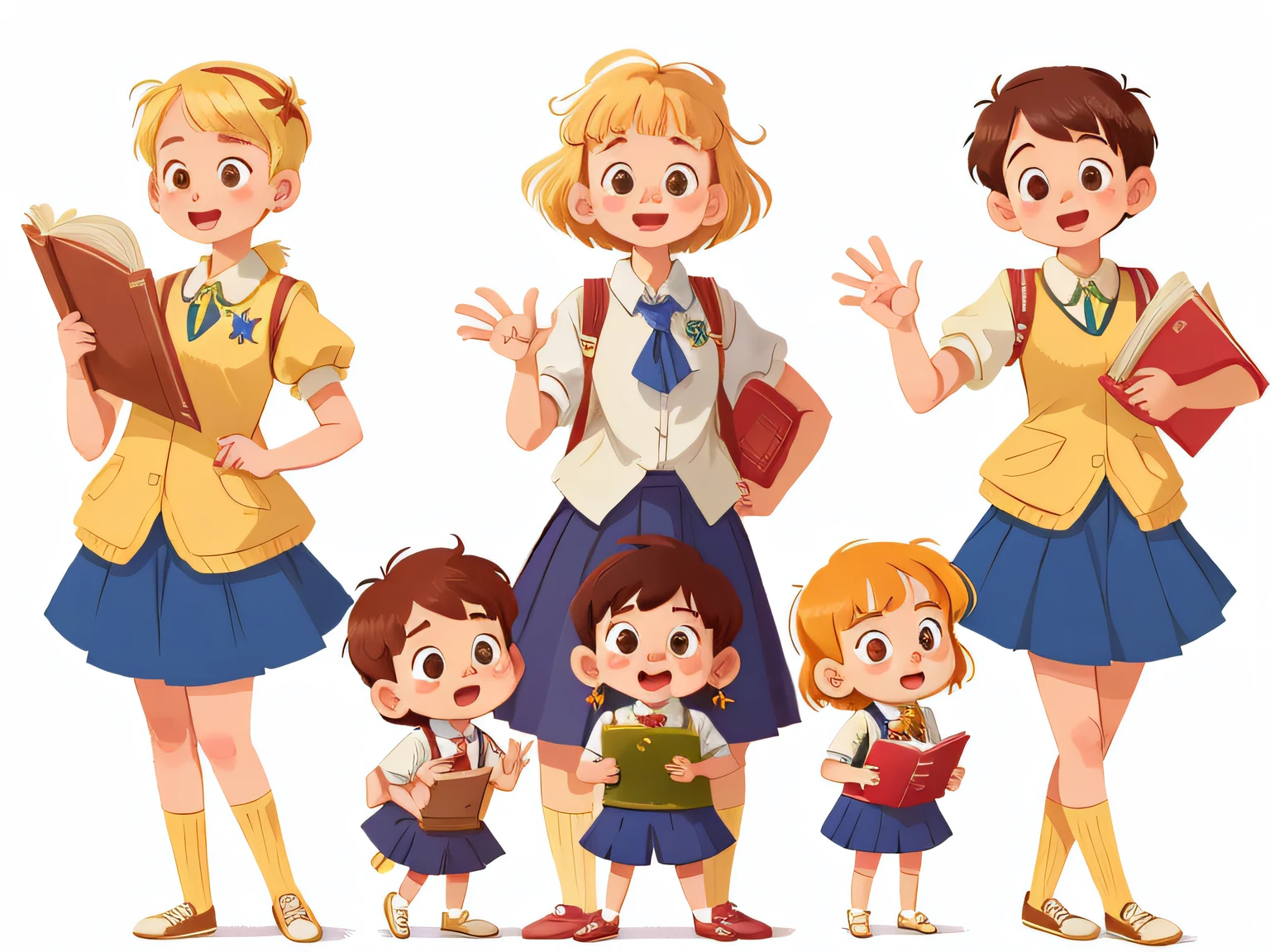 illustration, masterpiece, best quality,
School teacher with several students (girls and boys)
standing, They wave at us, in school uniform, from opposite, Happy, full body,  in the style of childreb book charecter, charecter sheet, white background, adjective + object, character sheet, children book character, white background, blonde hair, white background, looking at viewer, short hair,