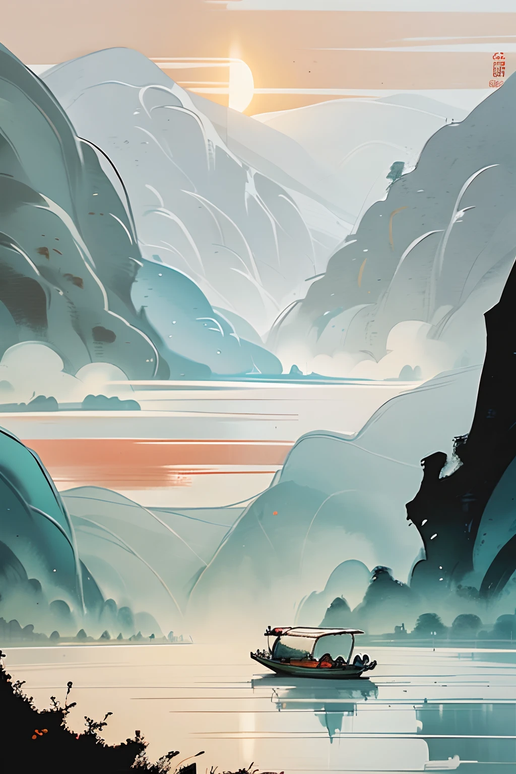 chinese paintings，Fresh and natural，Canyon painting style，The river is choppy，A small boat floats inside，Gorgeous sunsets in the distance，Verdant trees on the mountain，Under the blue sky and white clouds，Peaceful and beautiful view。No bridges appear