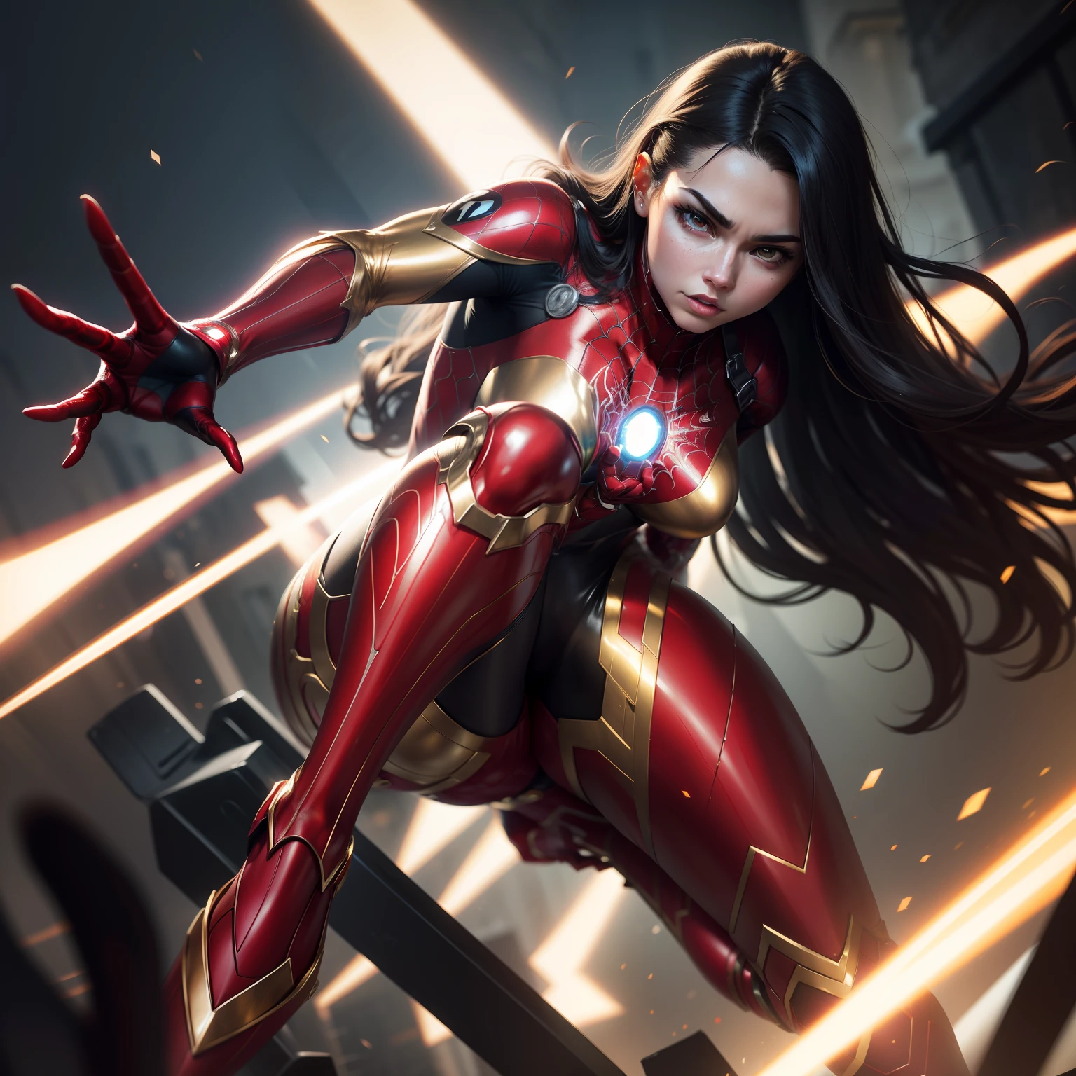 spiderwoman real face Bodysuit with gold and silver motif 18year old Only one person Variety of poses Realistic depiction Photoquality No blurring combat scene ironman (((4 red metal legs))) (sharp fingers:5-Fingers)