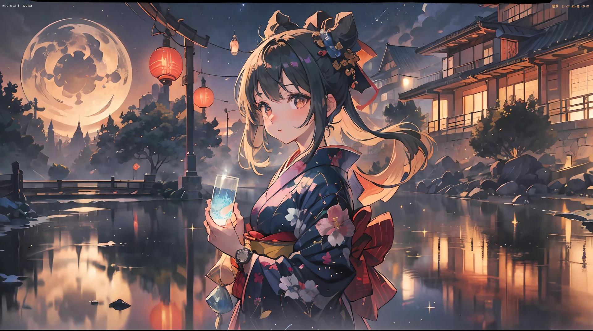 One Cute Girl、Countless wind lamps flutter in the sky、closing eye、Make a wish、kimono、Watch the night sky、topknot, fox mask, Ultra-Wide Angle, wide shot, collage, glowing light, reflection light, Conceptual art、Romanticism, anime, Ukiyo-e, anime style, cinematic lighting, chromatic aberration, sparkle, glowing light, reflection light, atmospheric perspective, UHD, masterpiece, super detail, high details, high quality, award winning, best quality, highres --auto --s2