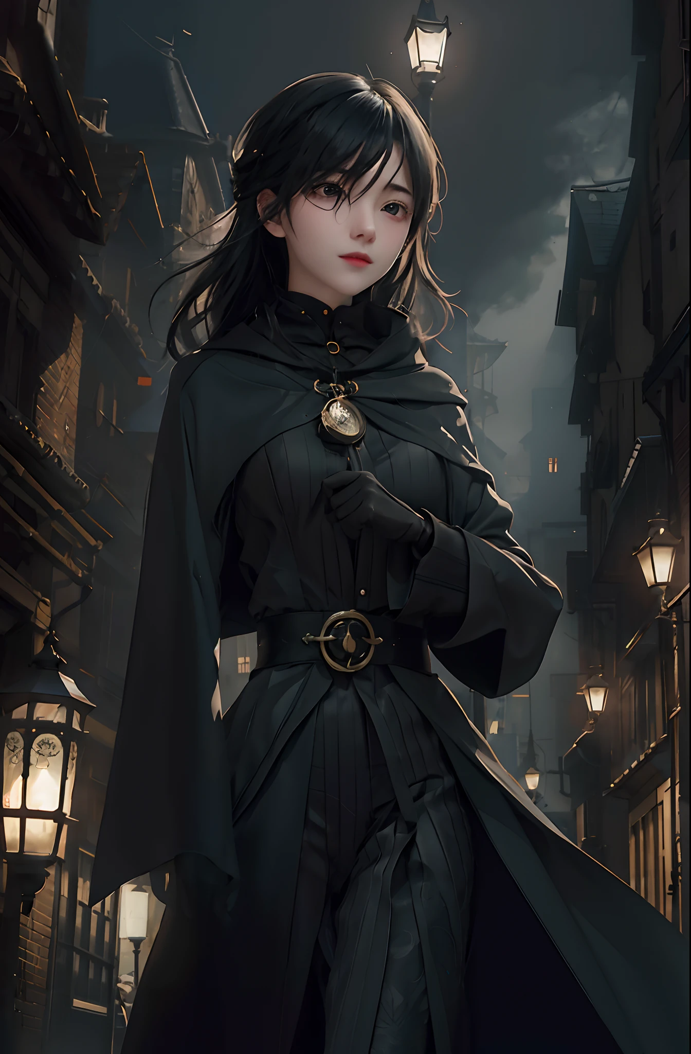 Enigmatic young anime character navigates the dark paths of nighttime London. Coberto por um elegante sobretudo, its ebony fabric swells like the tendrils of the night itself, as they glide over the millennia-old cobblestones. Sob o manto, A meticulously tailored suit weaves a symphony of intricate patterns, cada ponto um sussurro de enigma. Dark gloves cover your hands, a tactile enunciation of hidden intentions.In the heart of the city, obscured by a dense shroud of mist, Iconic landmarks dissolve into the abyss, while the ethereal glow of the twinkling gas lamps casts an almost supernatural glow. The shadows dance with a sinister grace, choreographed by an invisible hand, adding to the prevailing air of mystery.In the midst of this atmospheric screen, os olhos do personagem brilham como obsidiana polida, reflecting unwavering determination and inscrutable purpose. Your pocket watch, A relic of occult motive, Captures and releases ephemeral flashes of ligh.