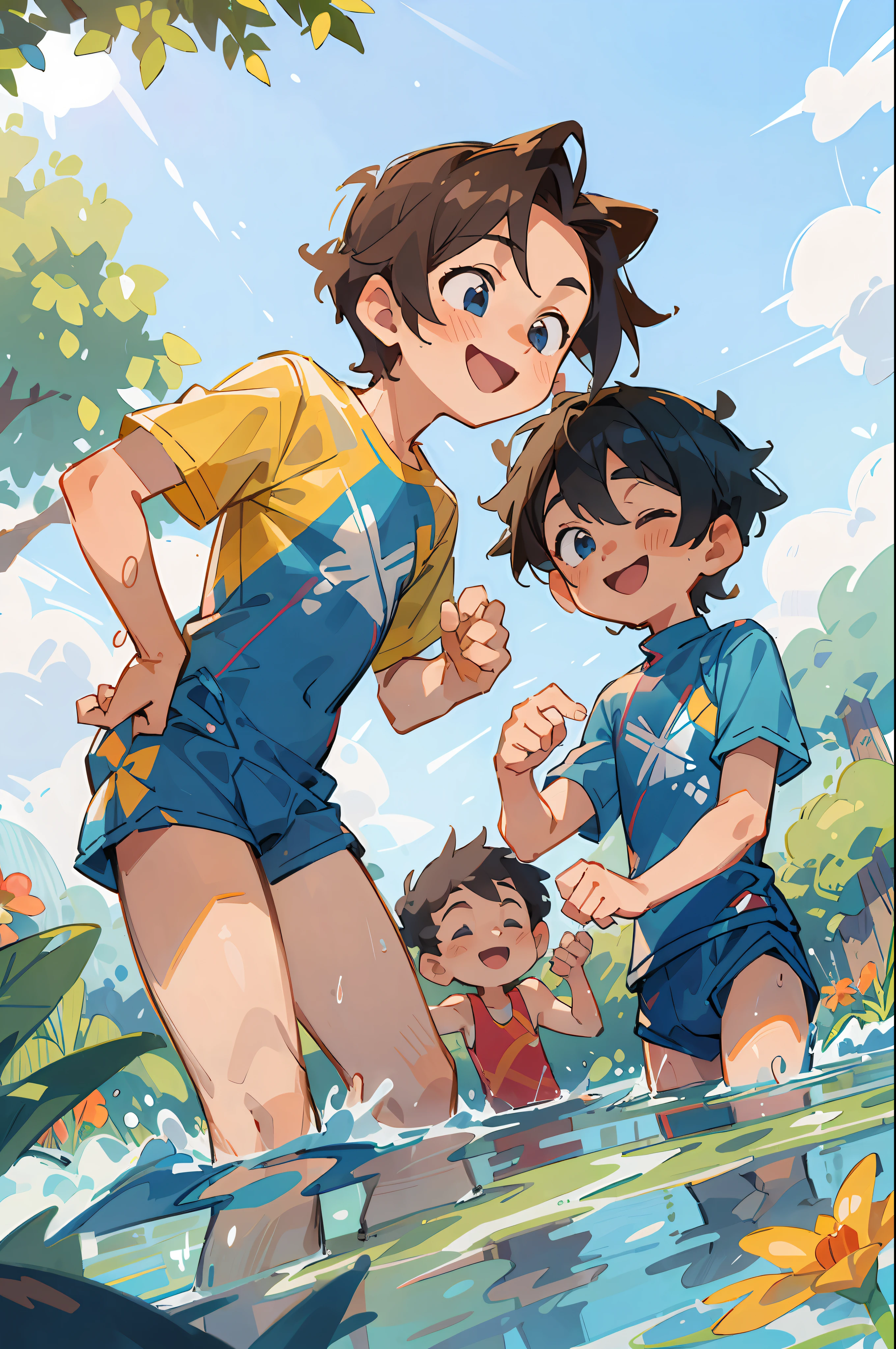 (Masterpiece, best quality), 3 boys playing in the water, smiling, fine facial features, splashes, swimsuits, lake full of flowers, clouds, sun, clean blue sky, having fun, summer