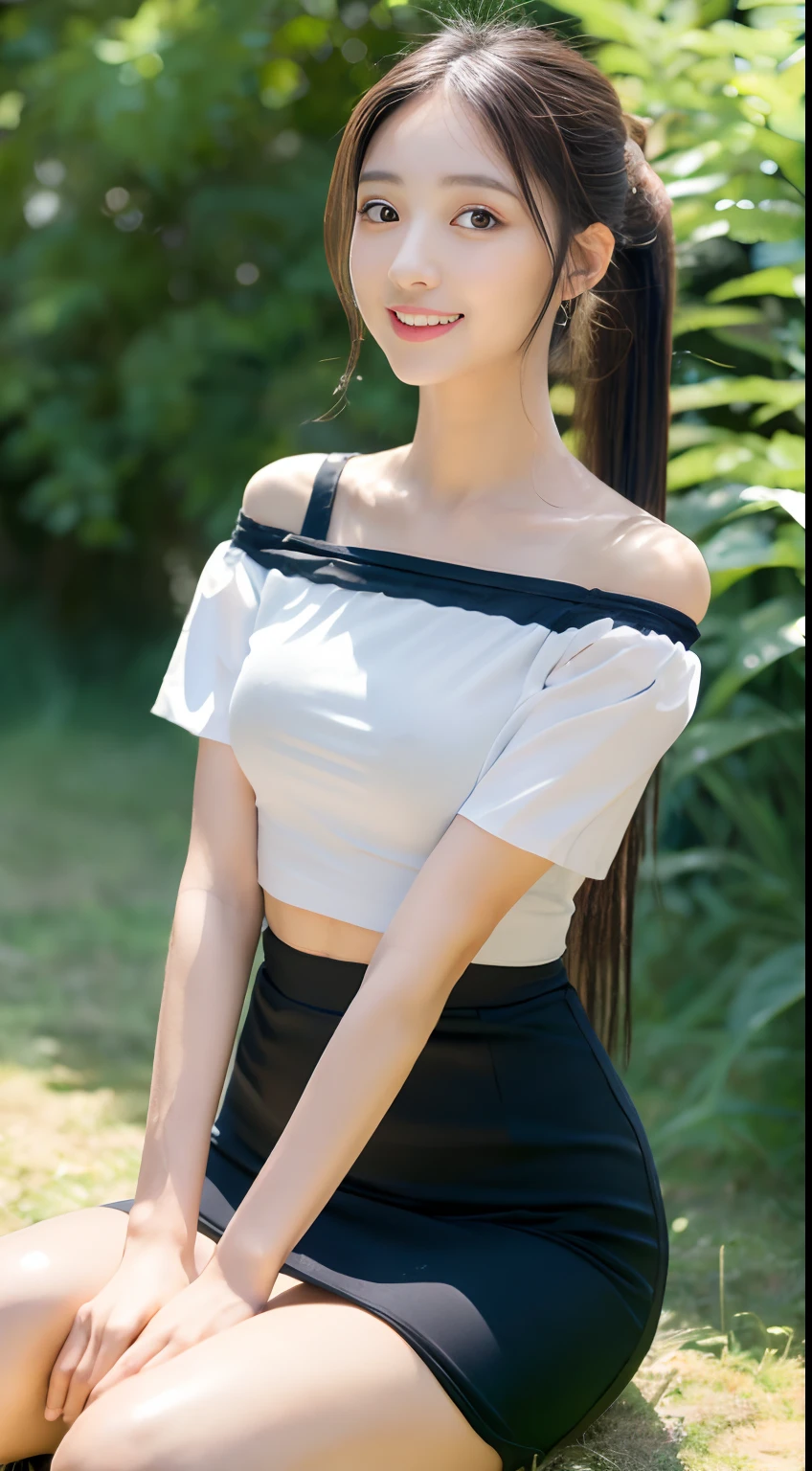 ((Best Quality, 8K, masutepiece:1.3)), beautiful  Girl, pure, Melon face, gentle and cute, Thin figure, Short sleeves with open shoulders, short skirt with slit and navel bar,, High Ponytail, Black fluffy long straight hair, round black big eyes, clear big eyes, moist lips, Sweet smile, Sitting, pastoral background,