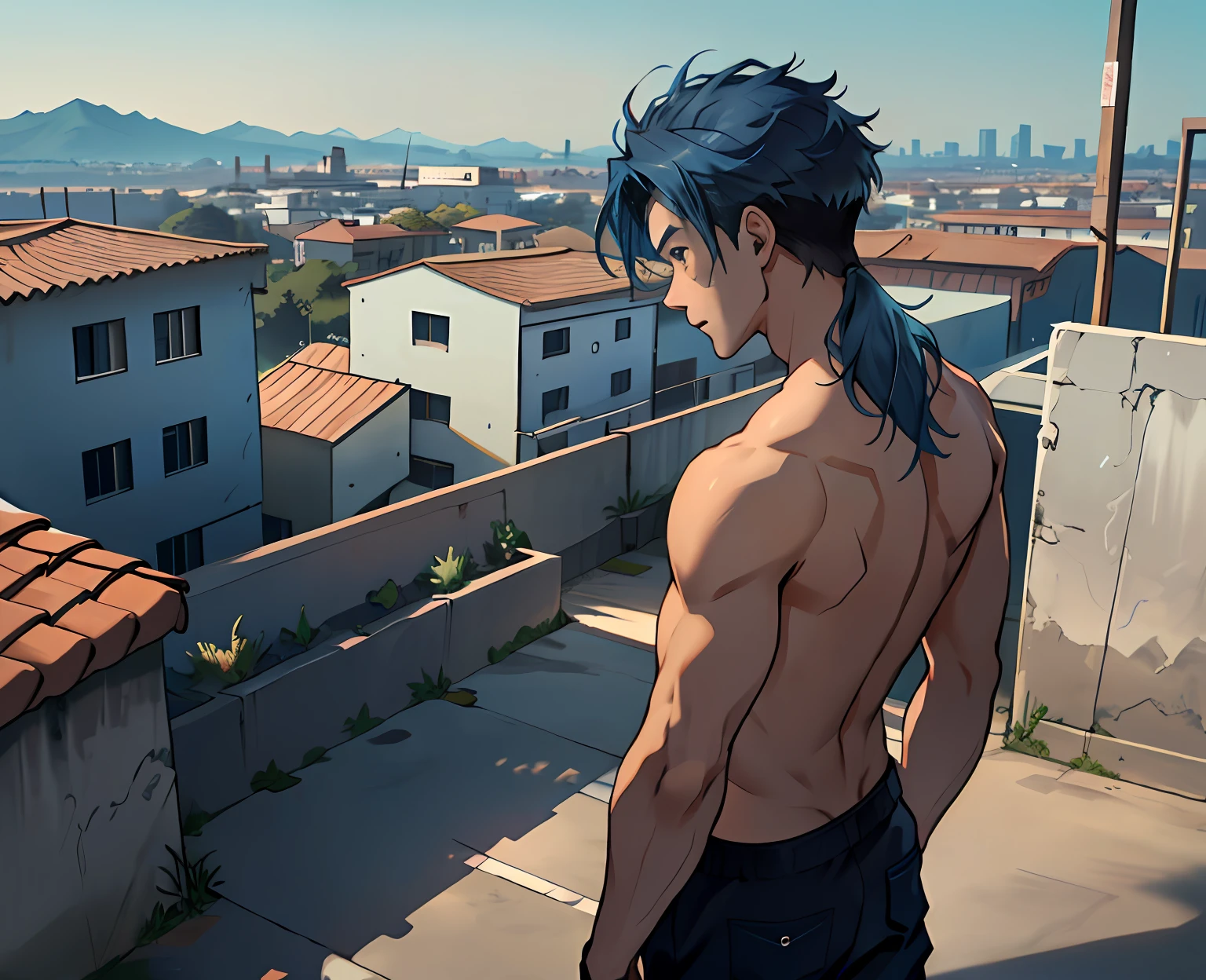 From behind we see a 15-year-old boy, Long blue hair from splendid to the camera standing Shirtless 15-year-old boy looks at a city fence from the top of the school roof Sadly pensive, su cabello es de color azul, lo vemos desde la espalda