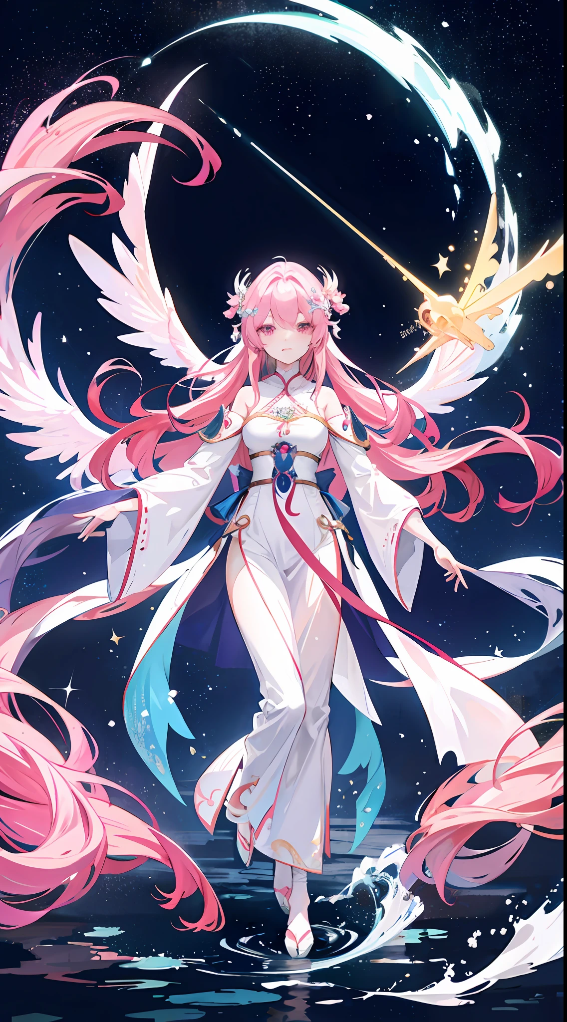 Long pink hair and hanfu standing in the water，（Hanfu：1.3） Beautiful celestial mage, Anime fantasy illustration, Anime goddess, flowing magical robe, flowing hair and long robes, ethereal anime, celestial goddess, Anime fantasy artwork, anime girl with cosmic hair, astral fairy, anime illustration, Official anime artwork, goddess of galaxies, high detailed official artwork, astral ethereal