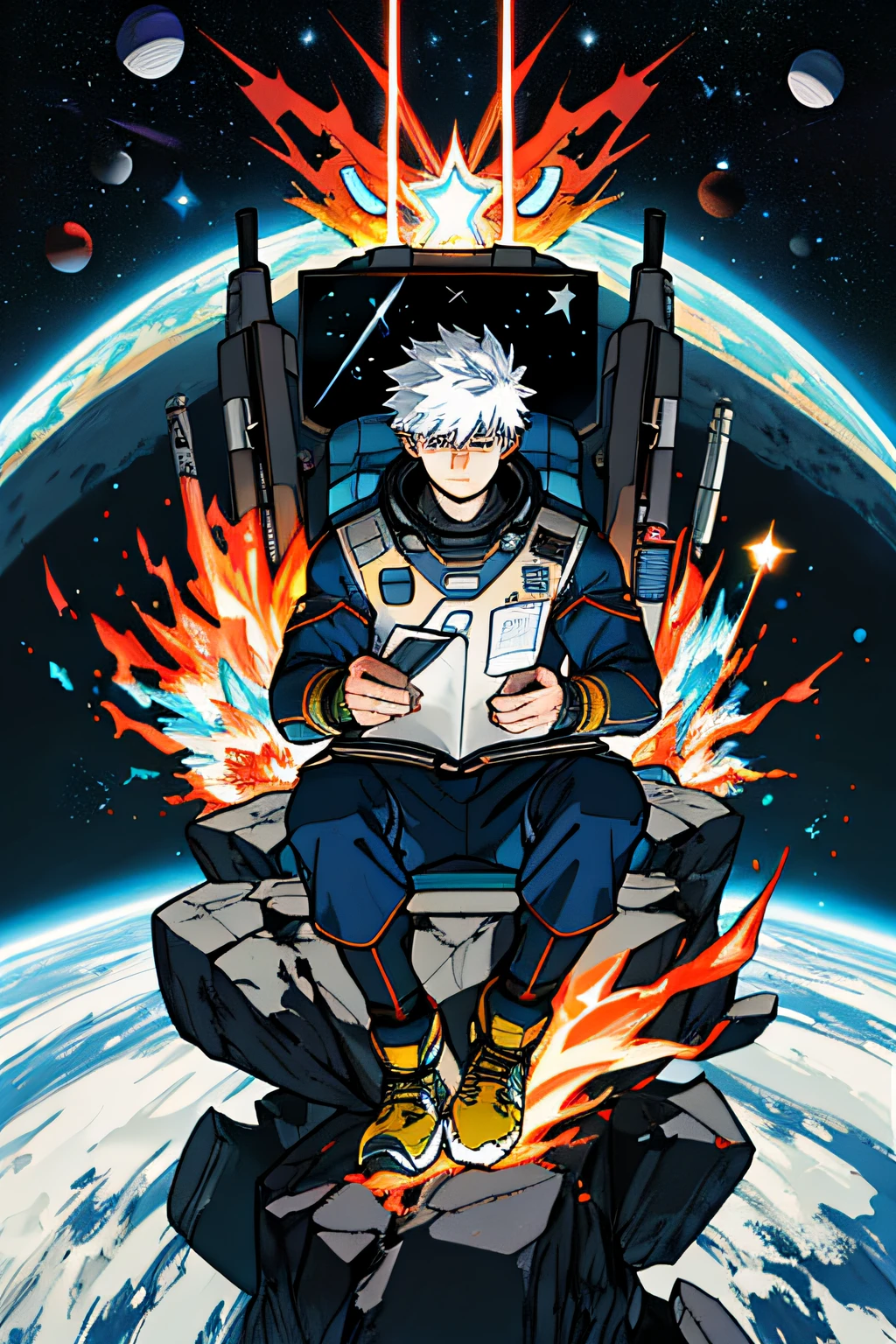 Draw a young football player,Sit on a research platform floating in the middle of the asteroid belt。He was studying with a notebook,Surrounded by several asteroids that emit fiery rings。Dramatic illuminations from distant stars and planets illuminate the scene,A deep shadow was cast on the spacesuit。The young man looks confident and determined,Look at the vast and mysterious universe with amazement and respect,cowboys