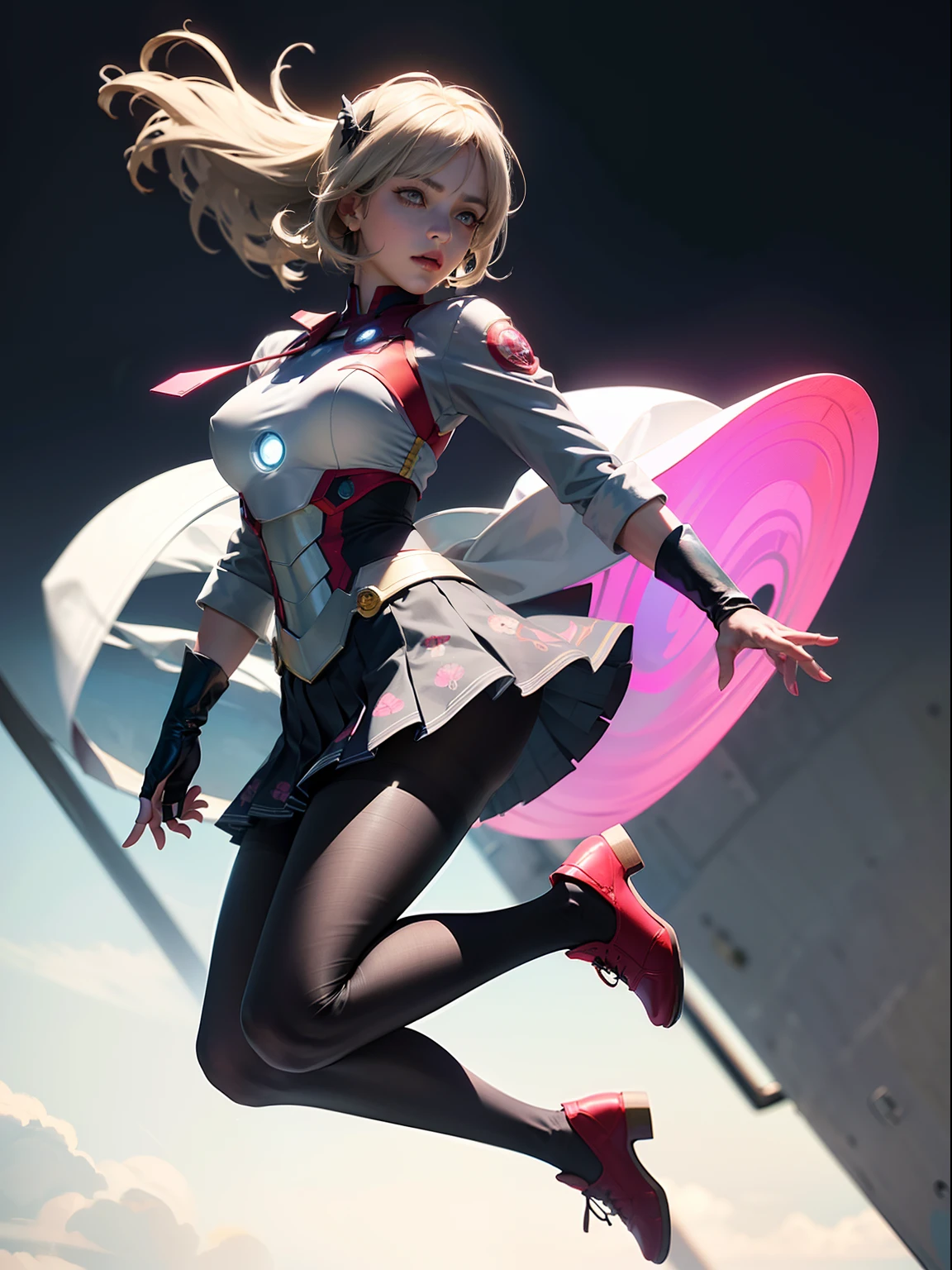 (full body:1.5),(1girl:1.3),(looking at viewer:1.4),(anatomy correct:1.3),(In the paradise of the day:1.3),(Wearing Very thick Printed Pantyhose and Iron Man Set JK uniform printed pleated skirt and JK uniform leather shoes with bow decoration :1.3), (A high jump posture:1.3),(In pink|amarelo|blue colors|green color|red colour|white colors|black in color|purpleish color|greys|Beige|Flesh color 1.4),,(Accurate and perfect face:1.4),(Clothing Gloss:1.25),(Skin reflection:1.25),hyper HD, Ray traching, reflective light,structurally correct, Award-Awarded, high detal, lightand shade contrast, Face lighting,cinmatic lighting, tmasterpiece, super detailing, high high quality, high detal, best qualityer, 16k,high contrast,