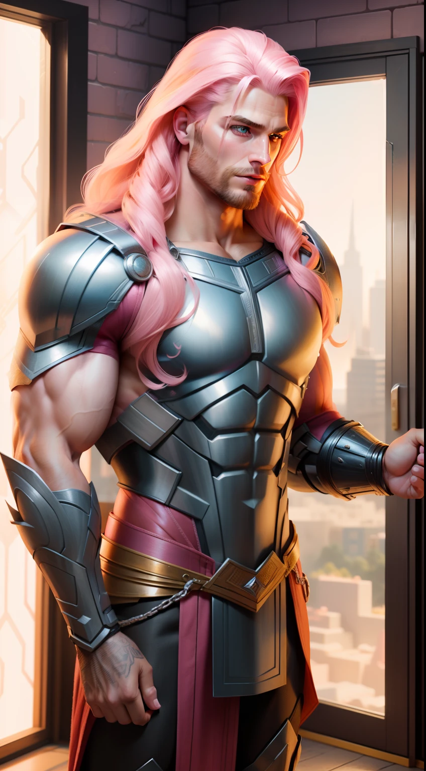 "In a Barbie world, a man wearing a Thor suit, with a touch of pink.",look like men, realistic