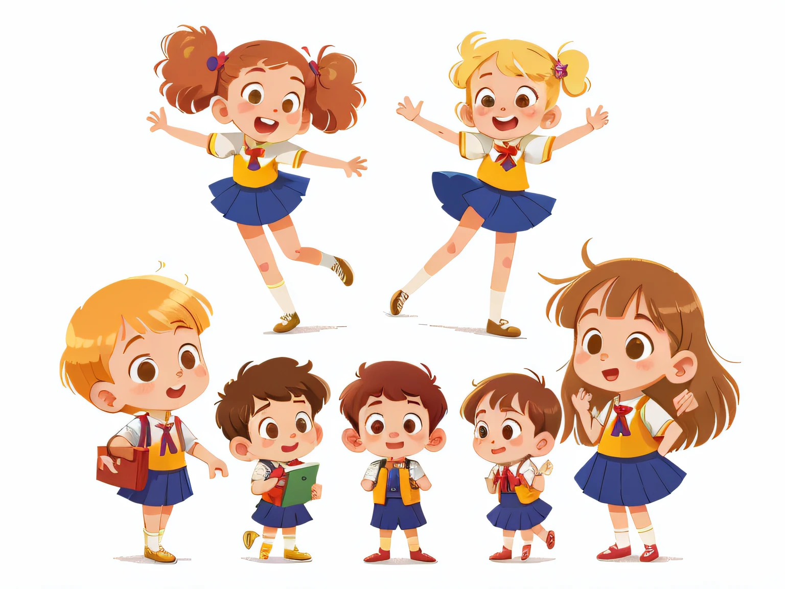 illustration, masterpiece, best quality,
School teacher with several students (girls and boys)
standing, They wave at us, in school uniform, from opposite, Happy, full body,  in the style of childreb book charecter, charecter sheet, white background, adjective + object, character sheet, children book character, white background, blonde hair, white background, looking at viewer, short hair,