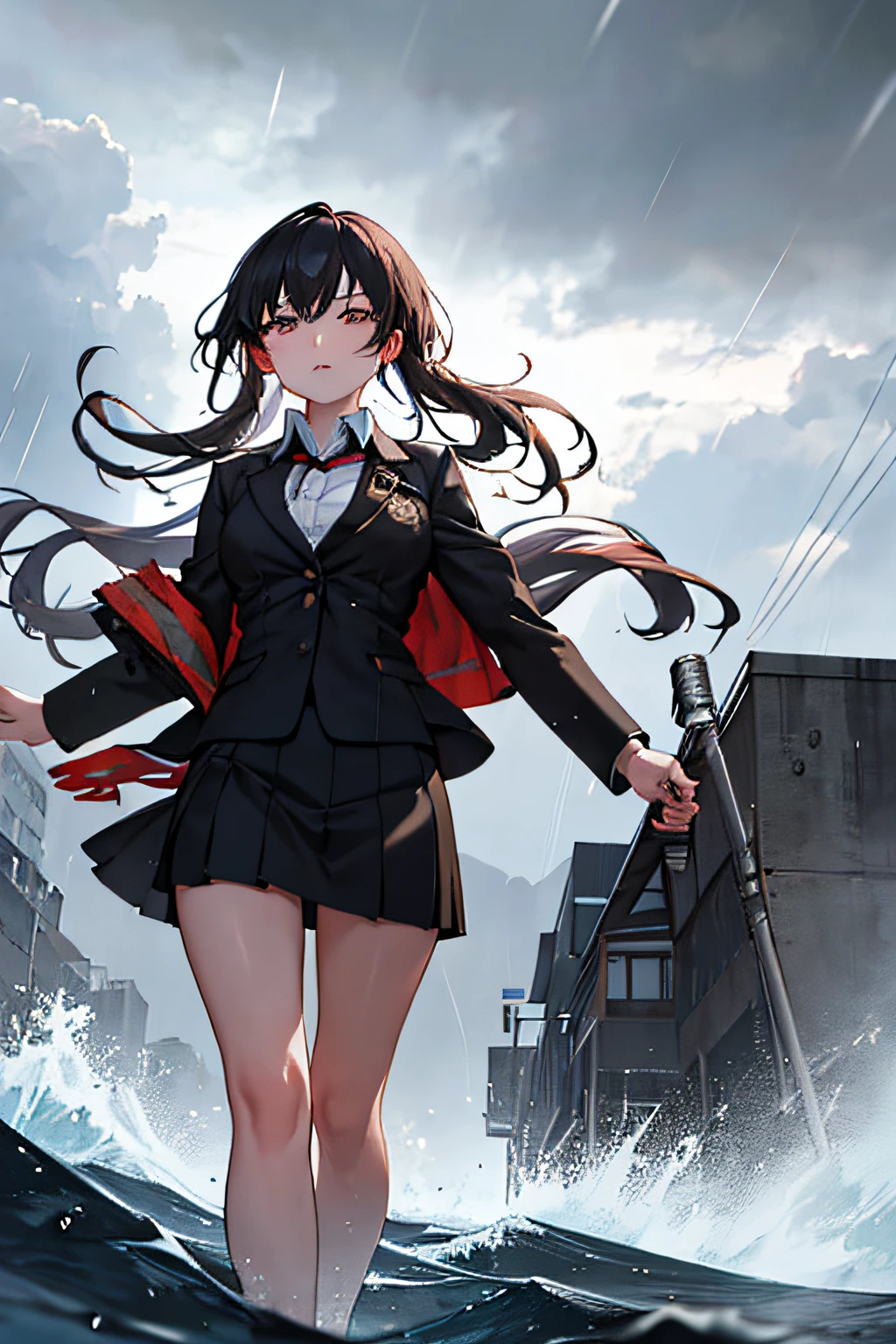 best quality,masterpiece,1girl,office girl, skirt, walking, typhoon, suit, working, stormy weather, determination, in the storm, people, rain, wind, intensity, focused, ambiance,storm, thunder