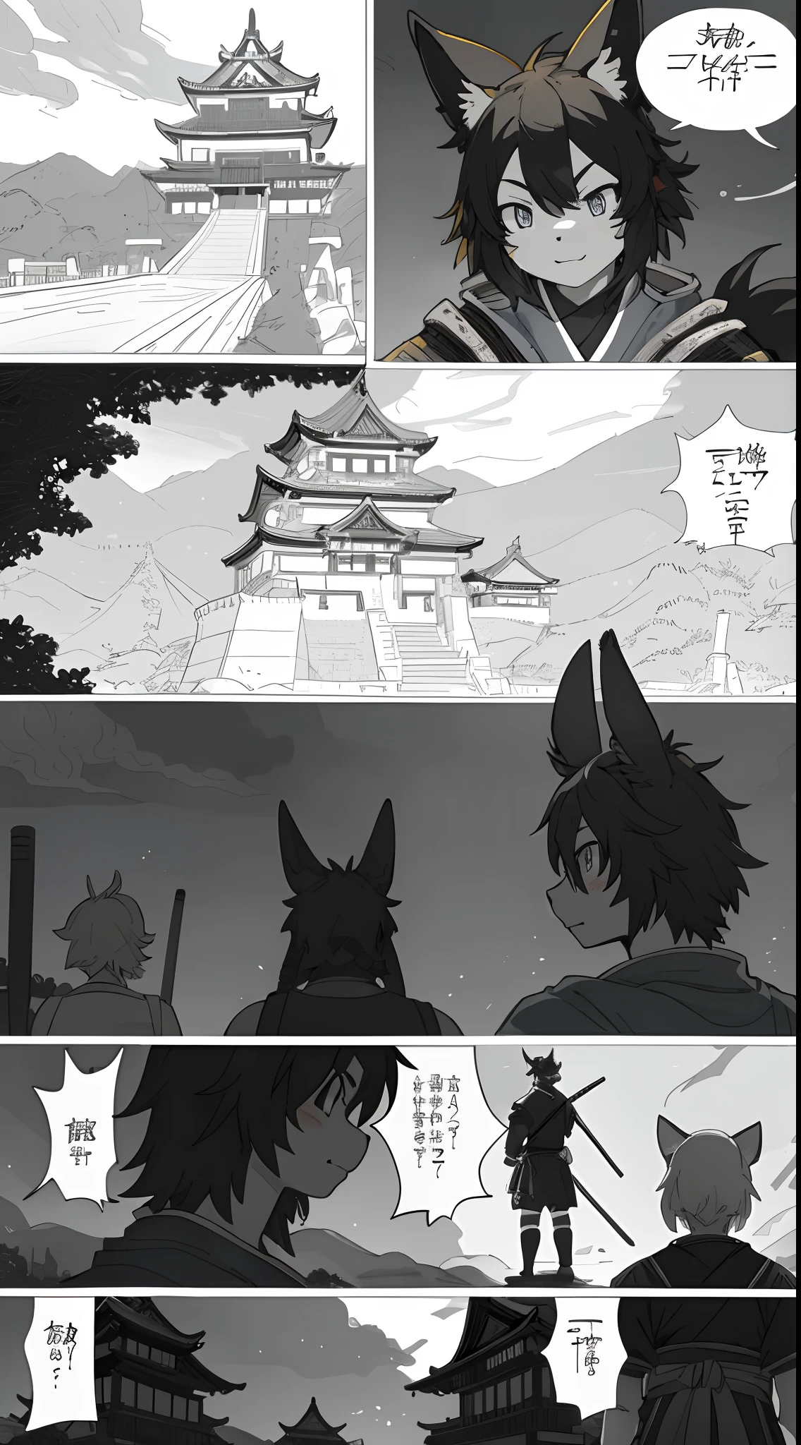top quality, best quality, High-quality illustrations, masterpiece, super high resolution, detailed background, japanese castle, samurais, 6+boys, 6+girls, absurdres(highly detailed beautiful face and eyes)perfect ???????, expression, good lighting, cinematic shadow(kemono, furry anthro)assorted poses, Bold cartoon-like panel layouts, speech balloon,
