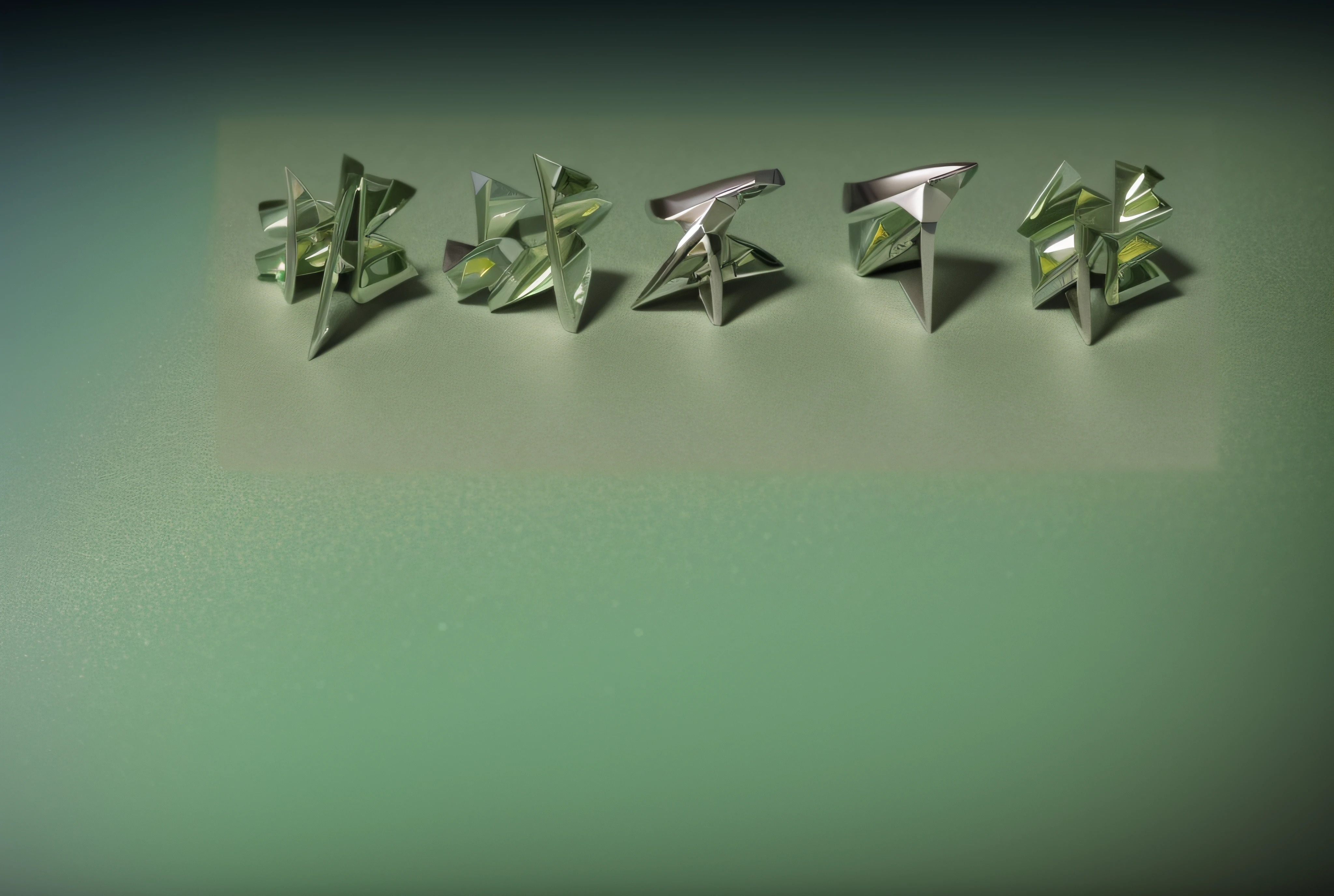 On the table are five pieces of glass text, Science fiction jewelry, Floating metal objects, Sharp edges. rendering by octane, inspired by József Borsos, Thin green glassy crystal fragment text, rendered in keyshot, rendered in povray, folds, Inspired by Miklos Borsos, inspired by Robert Zünd