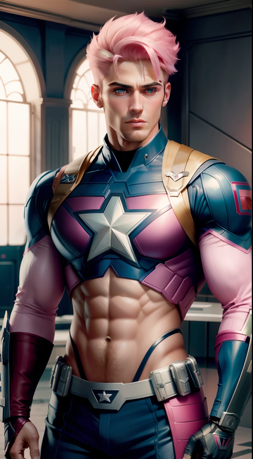 "In a Barbie world, a man wearing a captain America suit, with a touch of pink.",look like men, realistic