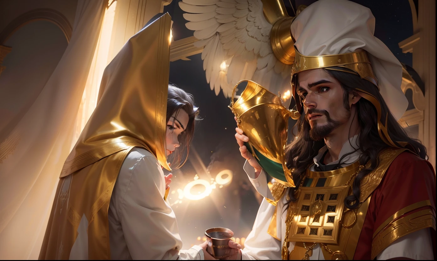Jesus Cristo com aspecto resplandecente com roupas de sacerdote, ao seu lado querubins de ouro puro. Imagem celestial, Image with very high lighting quality, Very high resolution image, image with very high coloration, imagem hiperdetalhada, imagem hiper realista