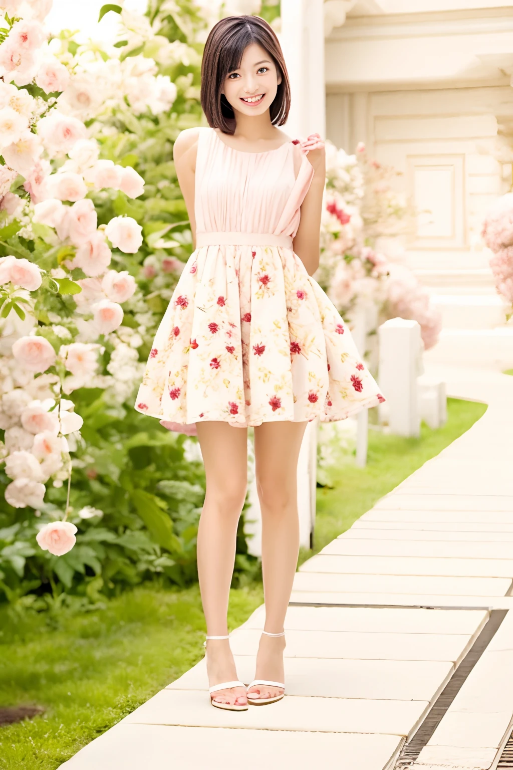 Asian woman posing for photo in floral dress and white shirt, feminine girly dress, beautiful short skirt, Pink skirt, full body cute young lady, Romantic dress, wearing pink floral chiton, full pose, full body portrait shot, Red floral dress, fully body photo, full - body - front - shot, dressed in a flower dress