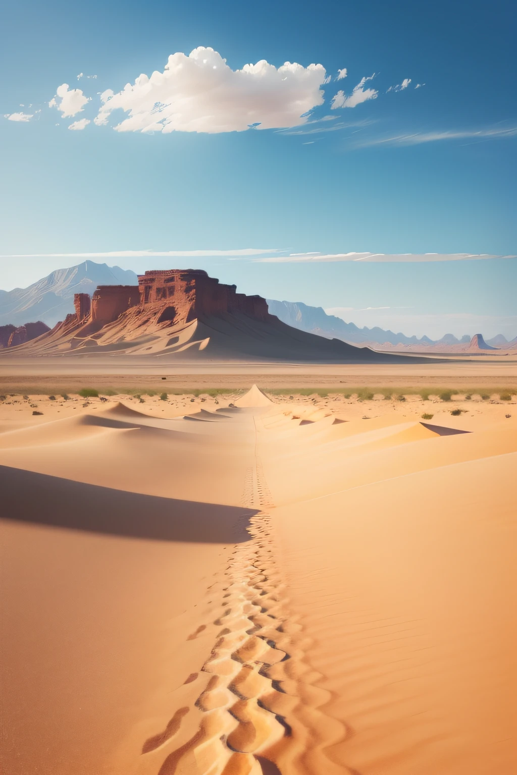 A clear flat desert with no mountain day view with tropical sun shine just one drop of water in whole desert