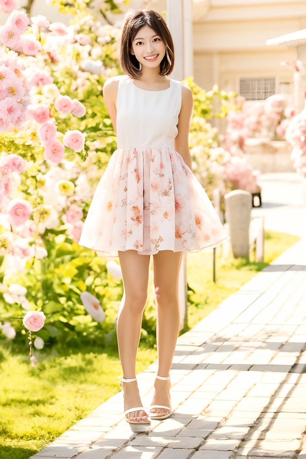 Asian woman posing for photo in floral dress and white shirt, feminine girly dress, beautiful short skirt, Pink skirt, full body cute young lady, Romantic dress, wearing pink floral chiton, full pose, full body portrait shot, Red floral dress, fully body photo, full - body - front - shot, dressed in a flower dress