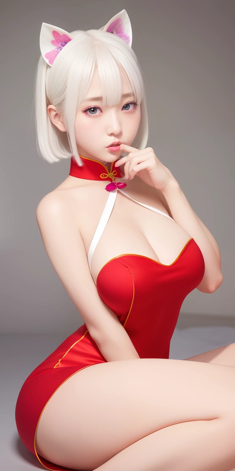 realisticlying、女の子 1 人、white  hair、Purple eyes、radiant eyes、Parted lips、red blush、qipao dress、slit、Tight