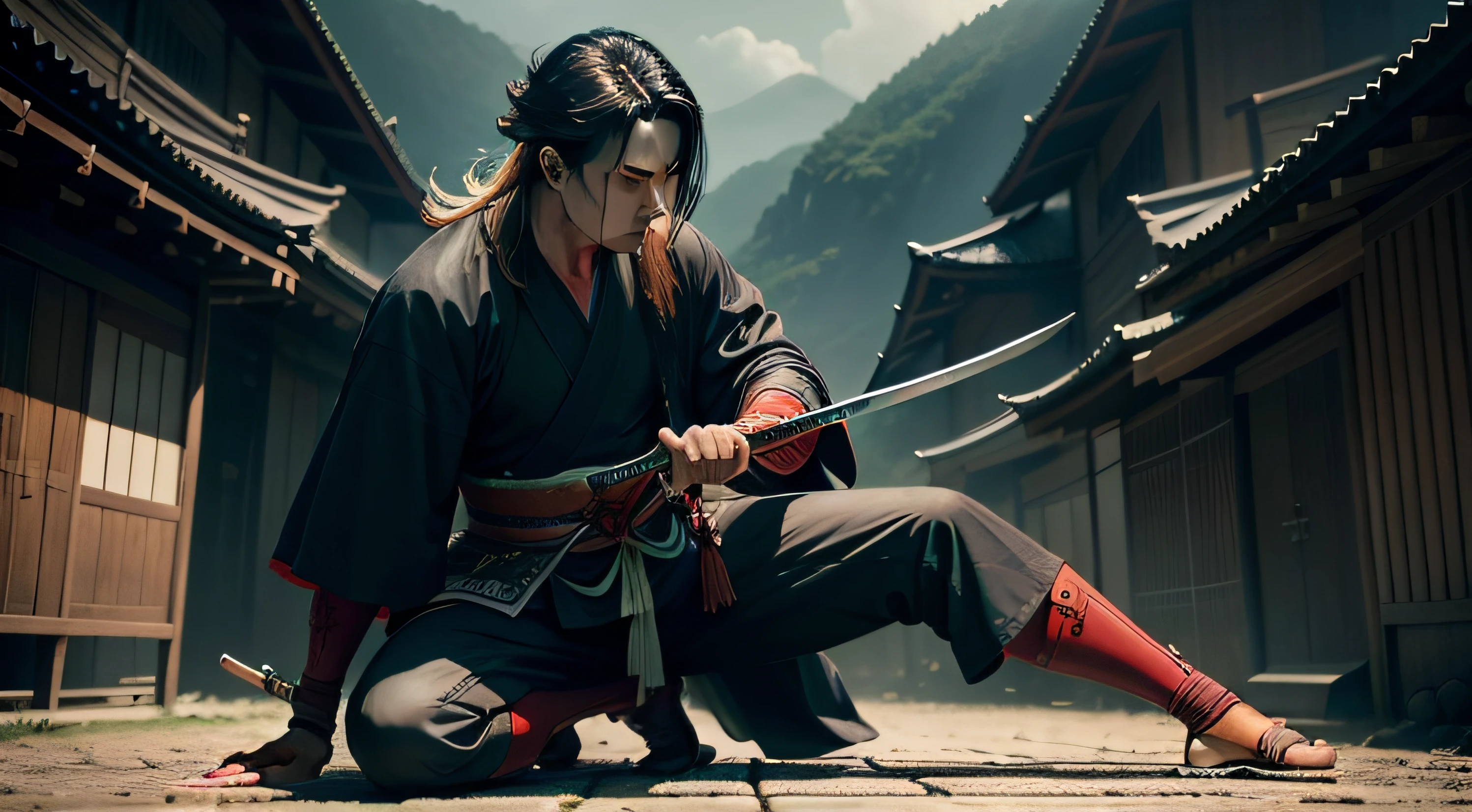 Samurai, de costas, cinemactic, obra prima, pose samurai sentada, Contraste suave, cinematic lighthing, Cinematic shadow, Katana_arma, roupa samurai, cenas de anime, Gorgeous scenery, Homem, sozinho, katana on the ground, Cabelos Longos, rosto homem, orelhas normais, vento com folhas.