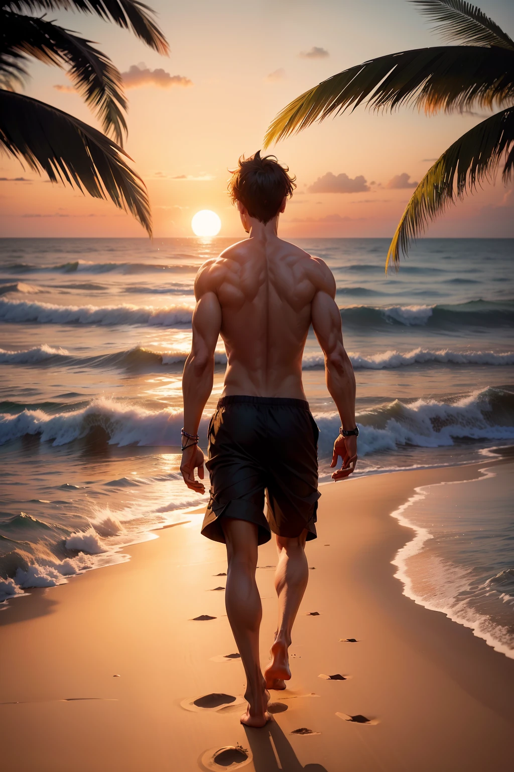 Tropical image、the beach、the setting sun、sand beach、ripple、the woods、Palm forest、Silhouette of slender man running on sandy beach、Man in Half Pants、Upper body naked、posterior view、Farsight、Anime style