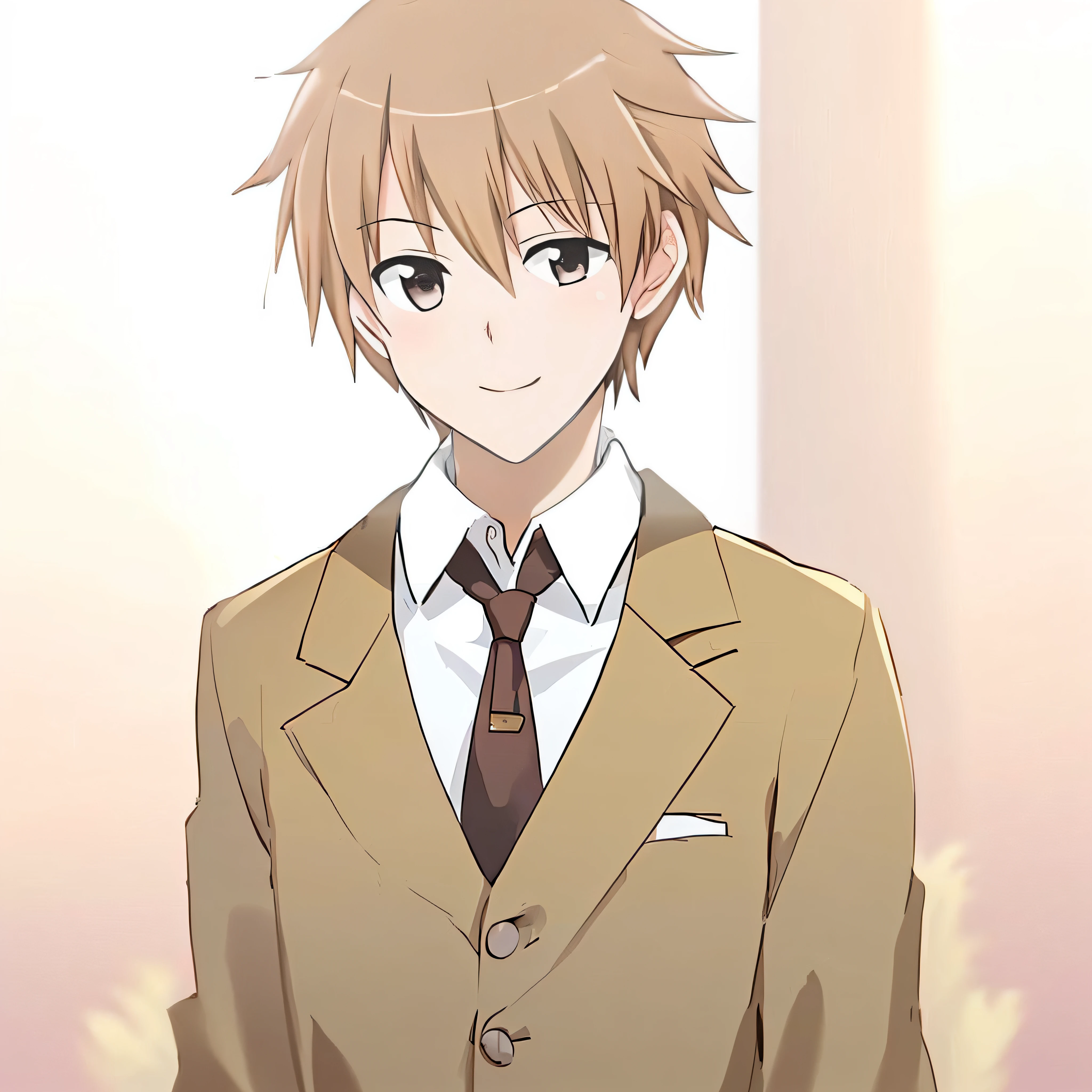 Anime boy with blonde hair and light brown shirt and white collar, young anime man, Cute natural anime face, yoshinari yoh, anime visual of a cute girl, makoto kano, male anime character, New Xiangcheng, shuushuu anime image, key anime visuals, cute anime face, honest, Detailed anime soft face