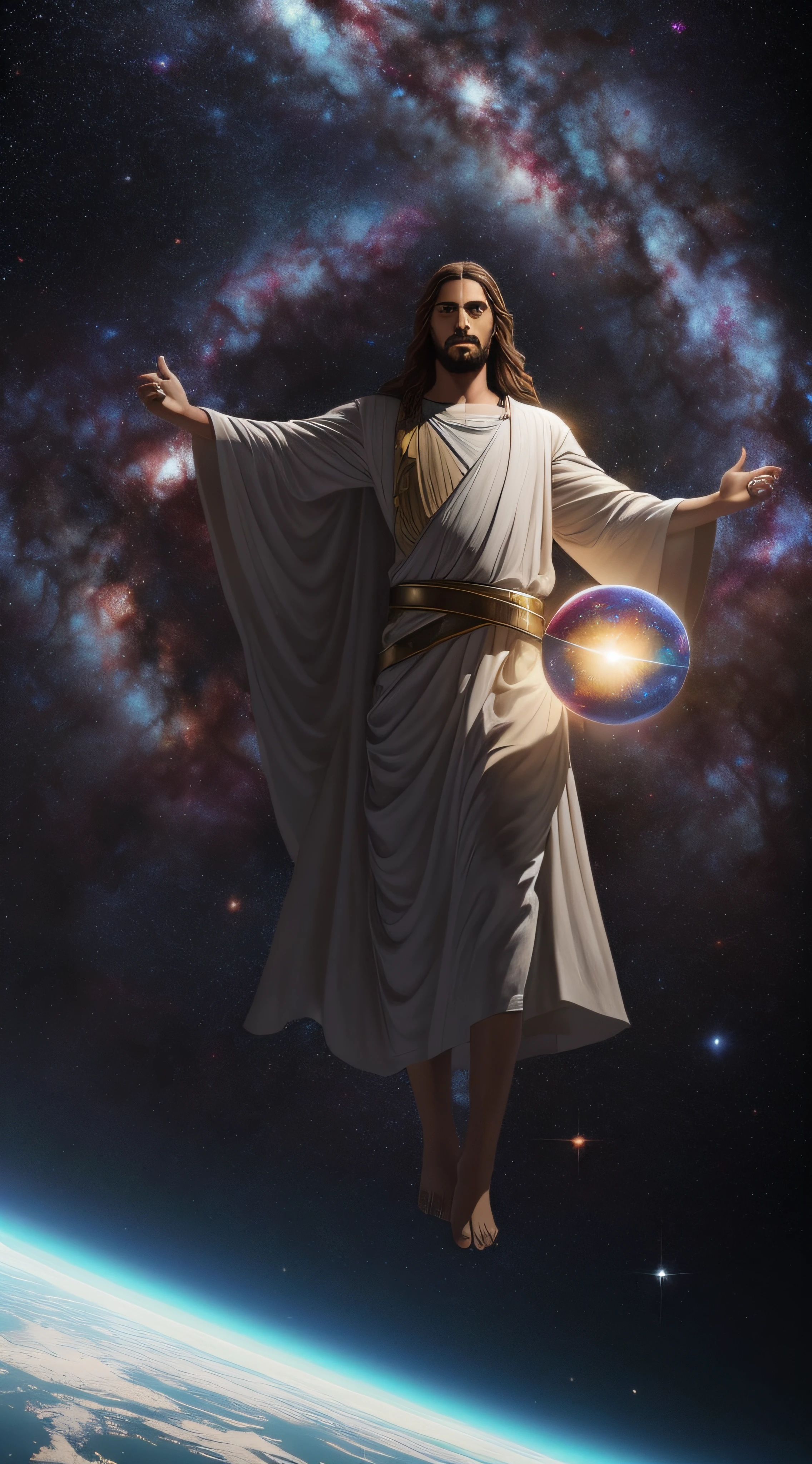 Jesus flying in the sky with a glowing orb in his hand, Jesus Cristo, Jovem Deus Todo-Poderoso, Jesus Cristo em Mass Effect, god of time and space, Raios de Luz Sagrada Sagrada, O Senhor e Salvador, Jesus Cristo Indo Super Saiyajin, arte conceitual de deus, energia santa, Vestido como Jesus Cristo, O Criador do Universo, creation of the universe