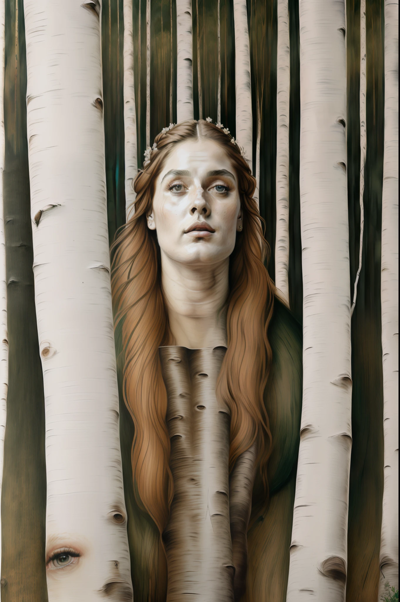 cabelos loiros. (((Painting of Pre-Raphaelite woman made of white birch trunk, tree-woman, cabelo de folhas amarelas, Mata dos Vidoeiros, tonalidade  outonal. Eye and eyebrows on birch trunk,  "eyes and eyebrows on birch trunk")))