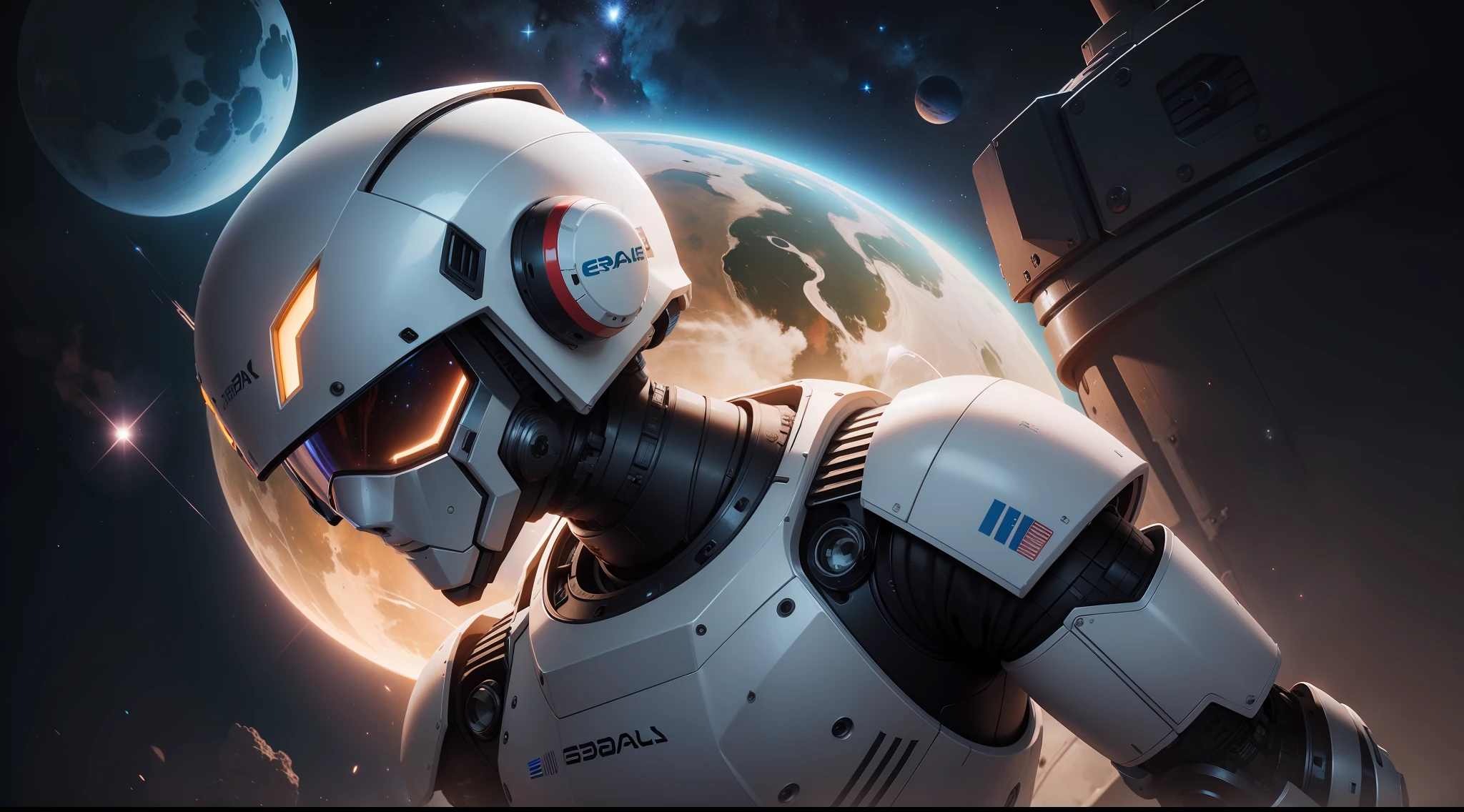 Space robot, is in outer space, amigavél, realista, ultra-detalhado, qualidade 8K