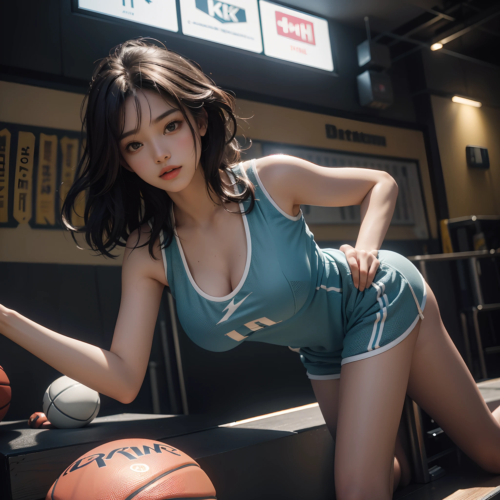 （RAW photos，4k，tmasterpiece，A high resolution，extremly intricate）（realisticlying：1.4），cinematic lighting
1girl， Single focus， Summer noon， thermography，(best quality), (highres), (an extremely delicate and beautiful),,(Beautiful 8k face),(brown eyes),(ulzzang-6500:1.0),(solo),(looking side),(spectators),(large breasts),(NBA),bent over,,lookside,(side), ,(Basketball sportswear),((gymnasium)),((speed)),(reality),