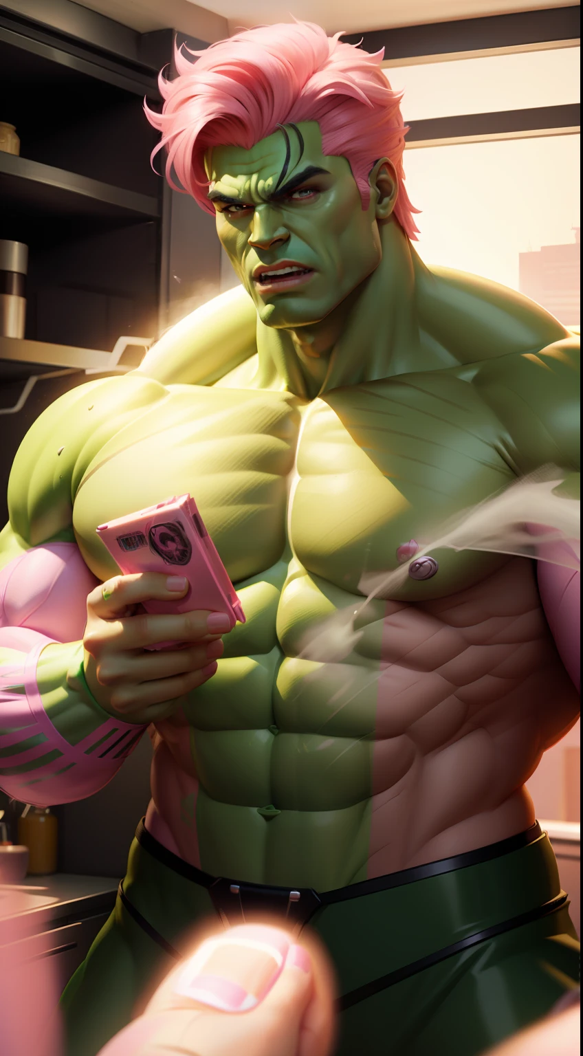 "In a Barbie world, a man wearing a hulk suit, with a touch of pink.",look like men, realistic