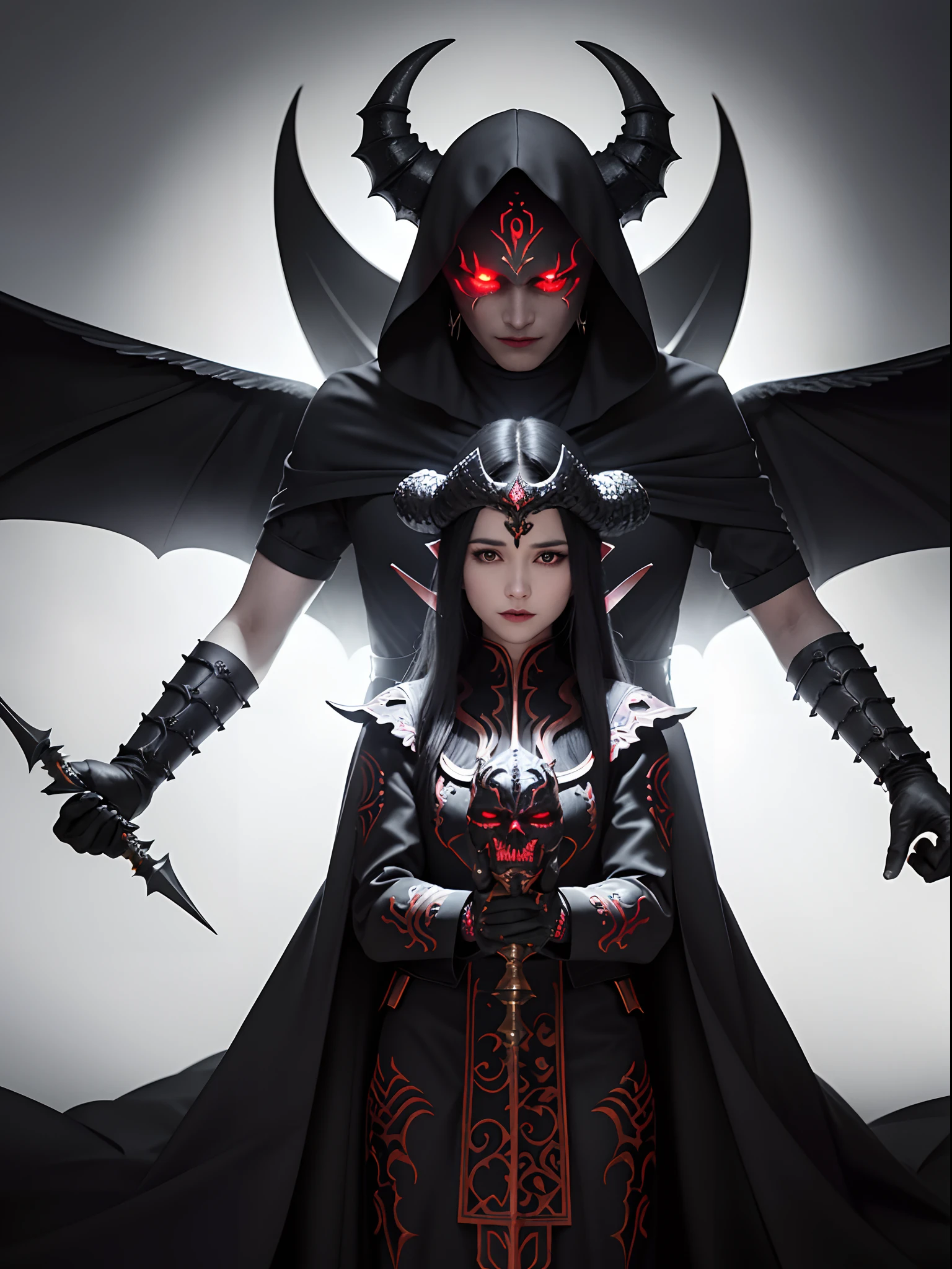 Hellbringers, Dressed in a black robe,Mask carved mysterious pattern,Eyes flashing with cold light,Fingers are long and beautiful,The voice is deep and beautiful,Lead sinful souls to judgment and punishment,Maintain balance and justice in the world,