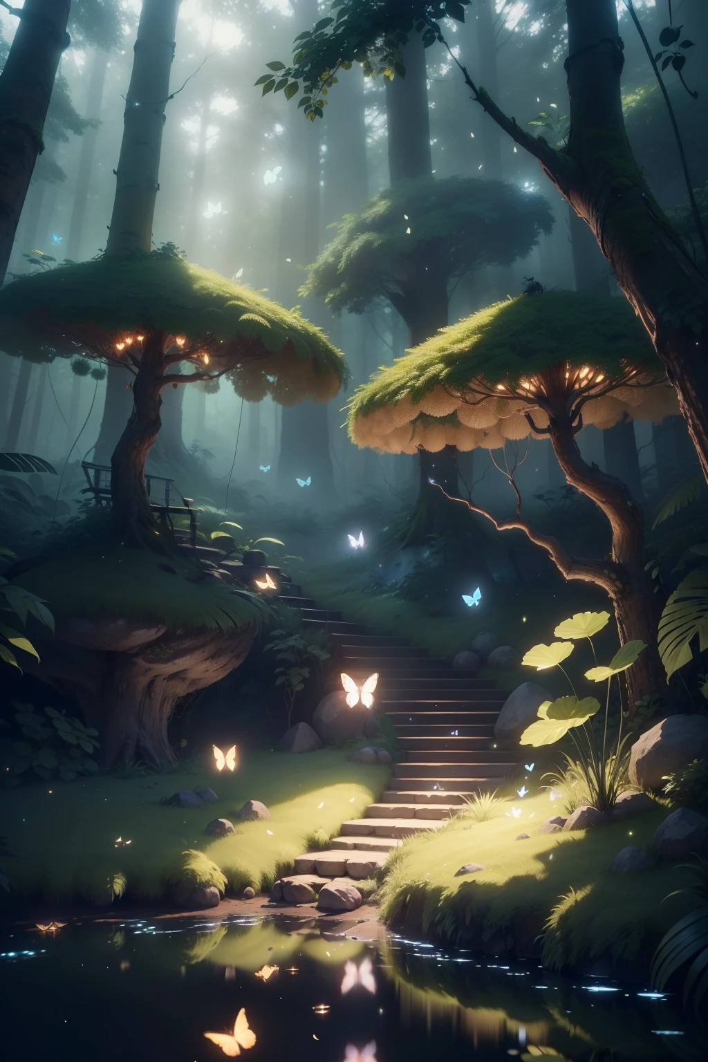 A masterpiece, the best quality, stunning reflections, the best reflections ever. (very detailed CG unity 8k wallpapers), (best quality), (best illustrations), (best shadows), forest theme with natural elements. Tall trees, quiet streams, small glowing mushrooms surrounded by delicate leaves and branches, with fireflies and glowing particle effects,, (natural elements), (jungle theme), (leaves), (twigs), (fireflies), butterflies, (delicate leaves), (glow), (particle effects). , Isometric 3D, Octane Rendering, Ray Traced, Super Detailed