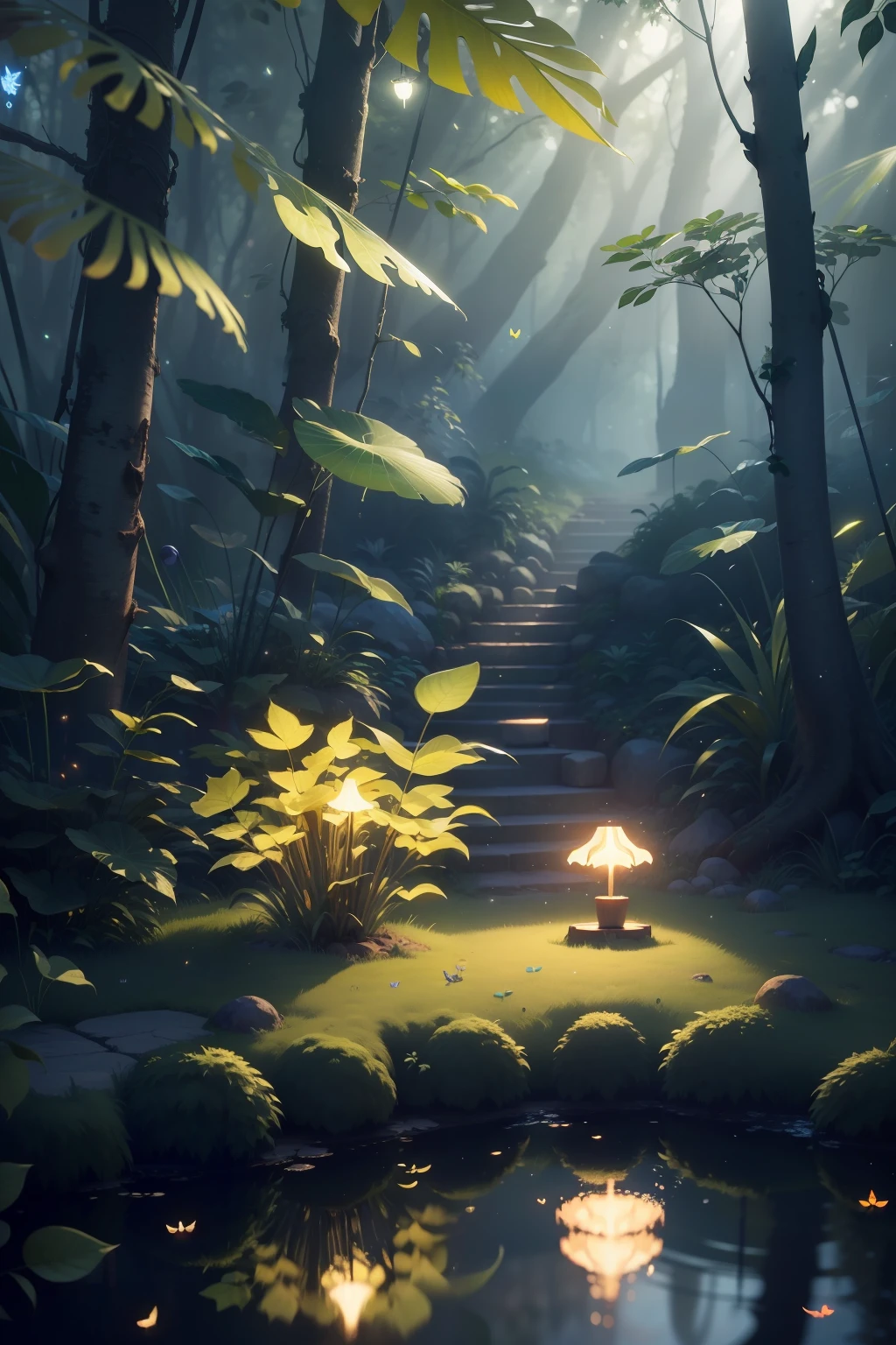 A masterpiece, the best quality, stunning reflections, the best reflections ever. (very detailed CG unity 8k wallpapers), (best quality), (best illustrations), (best shadows), forest theme with natural elements. Tall trees, quiet streams, small glowing mushrooms surrounded by delicate leaves and branches, with fireflies and glowing particle effects,, (natural elements), (jungle theme), (leaves), (twigs), (fireflies), butterflies, (delicate leaves), (glow), (particle effects). , Isometric 3D, Octane Rendering, Ray Traced, Super Detailed