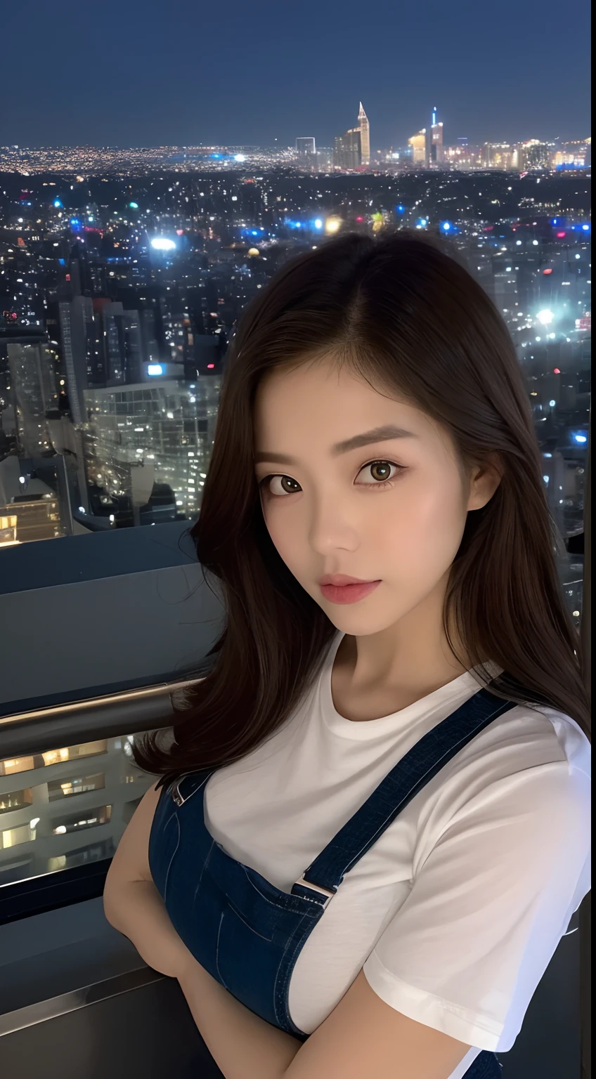 ((Midnight, Best quality, 8k, Masterpiece :1.3)), Whole body, Long legs, Sharp focus :1.2, A pretty woman with perfect figure :1.4, Slender abs :1.1, ((Dark brown hair, Big breasts :1.2)), (White tight tshirt, Jean bib, Standing:1.2), ((Night city view, Rooftop:1.3)), Highly detailed face and skin texture, Detailed eyes, Double eyelid