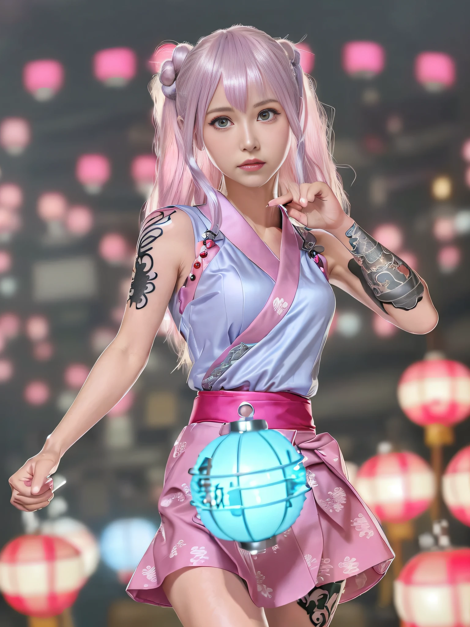 top-quality、​masterpiece、超A high resolution、(Photorealsitic:1.4)、Raw photo、Detailed CG image quality、cyberpunked、Beautiful fece、1girl in、(blue eyess:1.2)、pink lipsticks、A smile、(Silvery head hair:1.4)、skin tanned、(Performing intense dancing:1.4)、(Mechanical Hair Ornament:1.4)、(Pink cyberpunk type sleeveless yukata:1.4), (Shorts Yukata:1.4)、cleavage of the breast、(cyberpunked:1.3)、(Tattoo of numbers:1.4)、detailed portrait、8K picture quality、bright colour、concept-art、Cinematic and dramatic atmosphere、(Shrine of Japan:1.2)、(Japan red and white lanterns:1.2)、Wind chimes、(Festival flag,)、Paper decoration、(3 + Women: 1.4)、(Muscular black man in Japan yukata:1.2)、foco nítido、Volumetric lighting、Cinematographic lighting、Wearing studio quality、Colorful neon lighting、depth of fields、Ambient lighting、Blurred foreground、blurry backround:1.3、(8mm fisheye lens:1.4)、(Angle from directly below:1.4)、(The whole body is visible:1.4)、