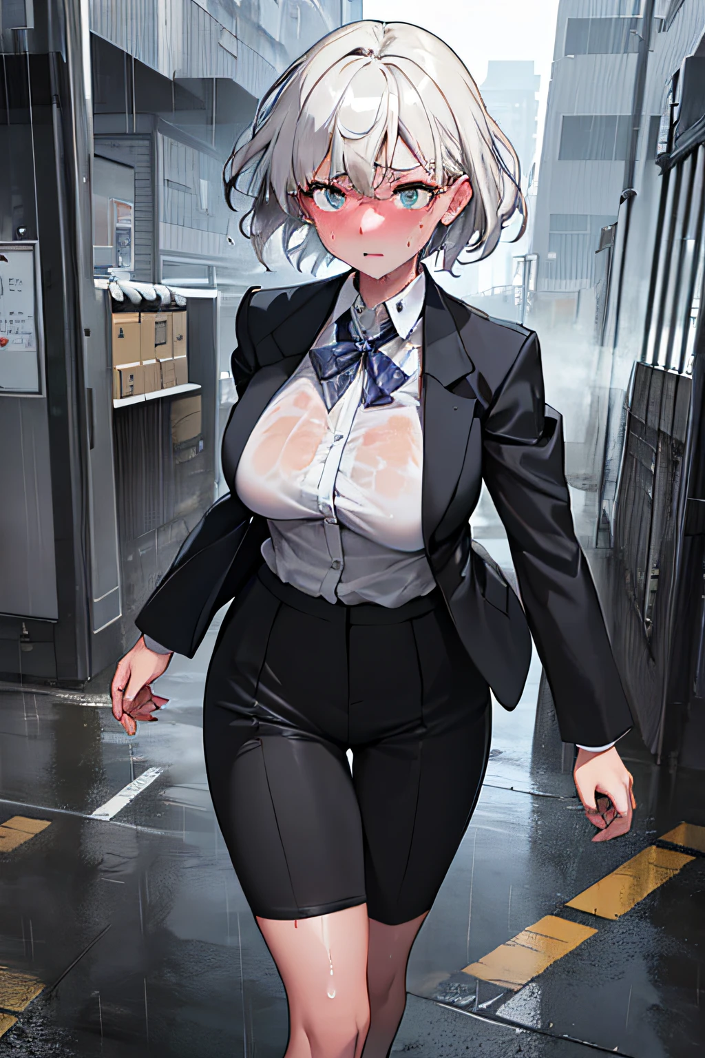 best quality,masterpiece,1girl,office girl, suit, walking, typhoon, working, stormy weather, determination, in the storm, people, rain, wind, intensity, focused, ambiance,storm, thunder, realistic, hyper-detailed, (shiny skin, sweaty:1.4), absurd,