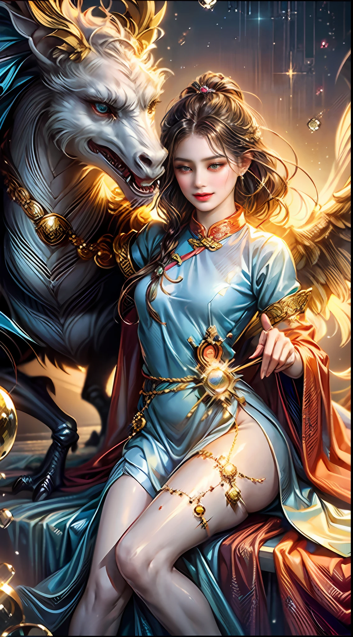 A mythical dragon，It has rainbow-like scales and silky wings，Carrying a haute couture female model on her back，Soar through the crimson sky。The female model wears an elegant outfit designed with a Chinese phoenix pattern，Strike fearlessly and embrace this amazing animal。The composition captures the determination and beauty of the model in close-ups，Blend Chinese cultural elements with haute fashion，Transports viewers into a world full of dreams and magic。The female model wears a delicate haute couture cheongsam gown with intricate patterns，Surrounded by spheres of floating water droplets，（Water drop sphere：1.8），It evokes the mysterious charm of the starry universe，Abstract landscape with ethereal design，Meticulous design of well-crafted clothing，Chinese fans，This is a close-up photography of a woman，（This woman has perfect body proportions：1.8），（Mid-chest and thin waist：1.8），（Small thin buttocks：1.8），（Hair is neat：1.8），（the feet：1.8），The content is super detailed and informative，Realist conception，The style is original，UHD resolution，Hyper-realistic，Realistis，Eyes look at the audience and smile，（The eye：1.8），（Eye sizes are consistent：1.8），Hibiscus moon and water drops，sunraise，bokha mood，（An extremely delicate and beautiful girl：1.8），8k wallpaper，8k，8K original{{{tmasterpiece}}}，RAW photogr，(8K at its best, tmasterpiece:1.8), (Super realistic, Super realistic:1.8), ultra-detailliert，(tmasterpiece:1.8)，best qualtiy，tmasterpiece，hires，Original，Very detailed ultra HD wallpapers，Perfect for bright cool lighting，Super detailed facial features are beautiful and beautiful，(Super realistic and beautiful facial features：1.8），Super detailed limbs sound and beautiful，（Super realistic and beautiful limbs：1.8），Super detailed action elegant and charming，（White as jade, lustrous and flexible, smooth arms and legs：1.5），（The fingers of the left hand point in a unified direction：1.7），（The fingers of the right hand point in a unified direction：1.7)