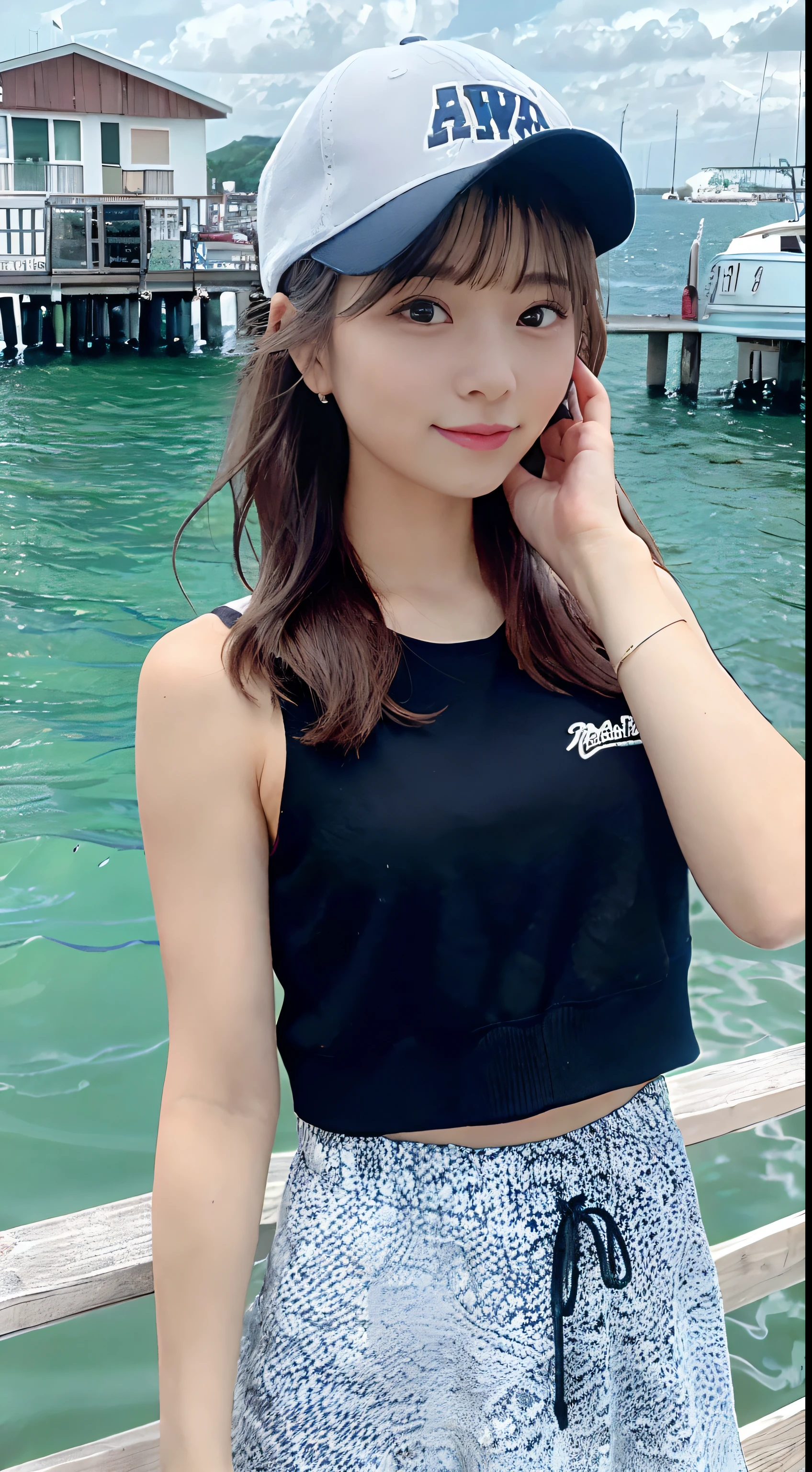 A beautiful woman standing on a pier by the lake, One hand is close to the face and the hand is sticky, shot from afar, Medium hair, flipped hair, Wavy hair, baseball cap, Beautiful blue lake, (Masterpiece: 1.1), (8K, RAW photo:1.2), (Best quality: 1.1), Black and gray fishing vest like life jacket, Fishing