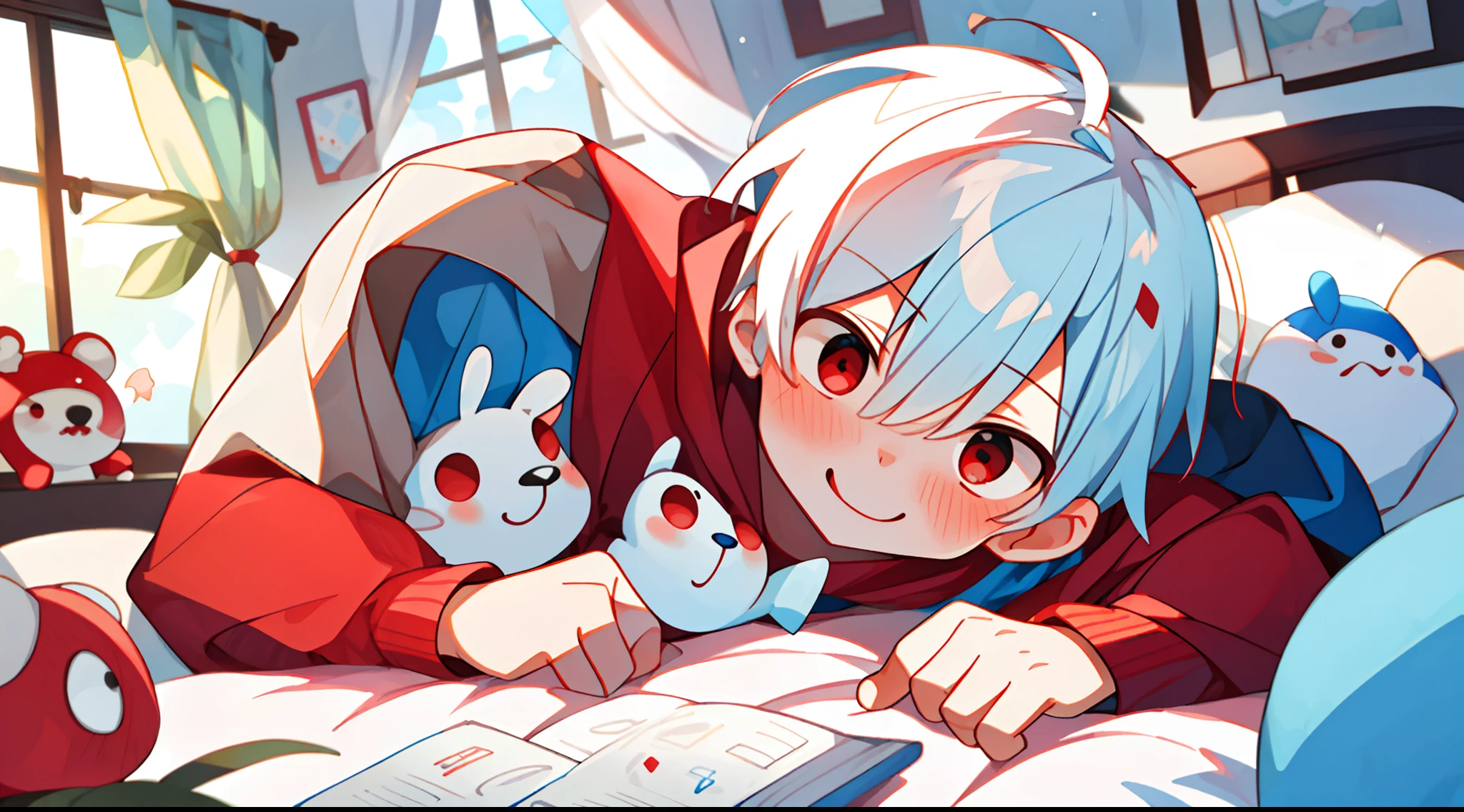 ((masterpiece)),(((best quality))), (high-quality, breathtaking),(expressive eyes, perfect face), 1boy, solo, male, short, young, small boy, short white hair, red eyes, smiling, blushing, oversize blue hoodi, short shorts, indoors, lying on bed, stuff animal, cute, white, sweet, close up