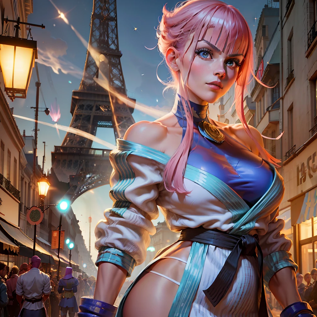 Haiyi-Robot Wensheng Figure 17:34:07 ((Best Quality, 8K, Masterpiece: 1.3)), ((A Manon in line with Street Fighter 6 official)), Short pink shiny hair, (Manon exaggerated dress and costume in Street Fighter 6), European Frenchman, 175cm, 27 years old, detailed face, detailed skin texture, (big eyes: 1.2 long eyelashes), long legs, perfect body proportions, mid-chest, (fitness figure with pronounced muscles), pink nails, Perfect facial features, symmetrical face, sparkling in confident eyes, best light, ray tracing, (photon mapping, physically based rendering), ultra high definition, (Eiffel Tower in the distance, walking the red carpet in front of the palace, like a star shooting magazine, the focus of the whole scene, (reporters taking pictures on both sides of the red carpet), Paris at night, lively lights), (movie lighting), official illustrations, CG of game characters, (fine modeling, texture of clothes), (overhead shot, close-up of faces, shooting angles from top to bottom), Complex reflections, the characters have light particles shining brightly, and glitter on the body