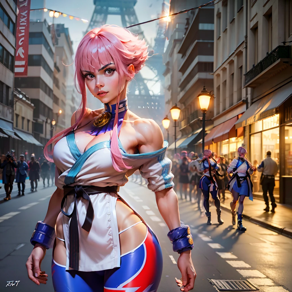 Haiyi-Robot Wensheng Figure 17:34:07 ((Best Quality, 8K, Masterpiece: 1.3)), ((A Manon in line with Street Fighter 6 official)), Short pink shiny hair, (Manon exaggerated dress and costume in Street Fighter 6), European Frenchman, 175cm, 27 years old, detailed face, detailed skin texture, (big eyes: 1.2 long eyelashes), long legs, perfect body proportions, mid-chest, (fitness figure with pronounced muscles), pink nails, Perfect facial features, symmetrical face, sparkling in confident eyes, best light, ray tracing, (photon mapping, physically based rendering), ultra high definition, (Eiffel Tower in the distance, walking the red carpet in front of the palace, like a star shooting magazine, the focus of the whole scene, (reporters taking pictures on both sides of the red carpet), Paris at night, lively lights), (movie lighting), official illustrations, CG of game characters, (fine modeling, texture of clothes), (overhead shot, close-up of faces, shooting angles from top to bottom), Complex reflections, the characters have light particles shining brightly, and glitter on the body