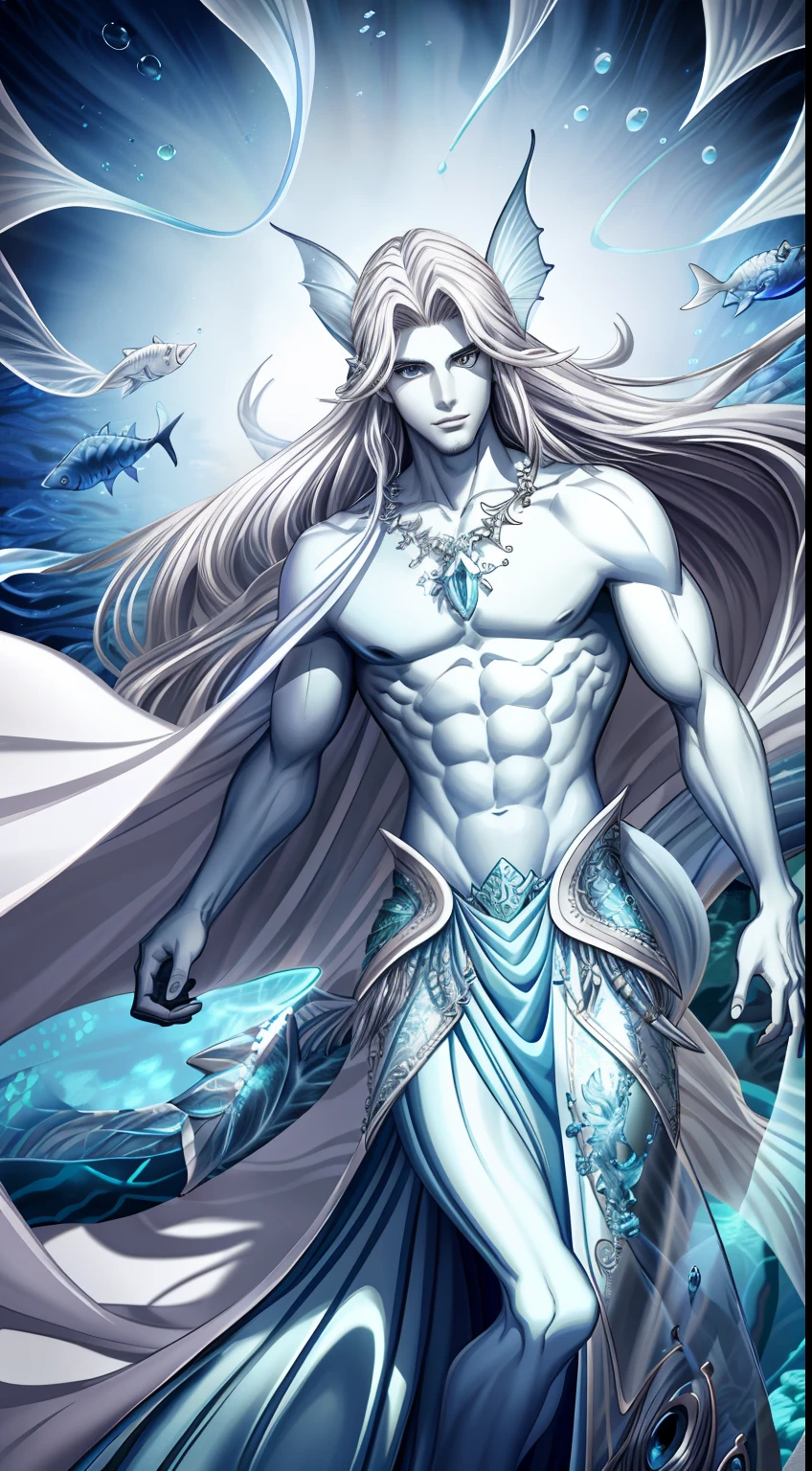 （merfolk）male people，Abs，Long hair with a shawl，Silver-gray hair，Blue pupil color，Abdominal wounds，Blue fish scale tail，Slim fish tail，Sea background。