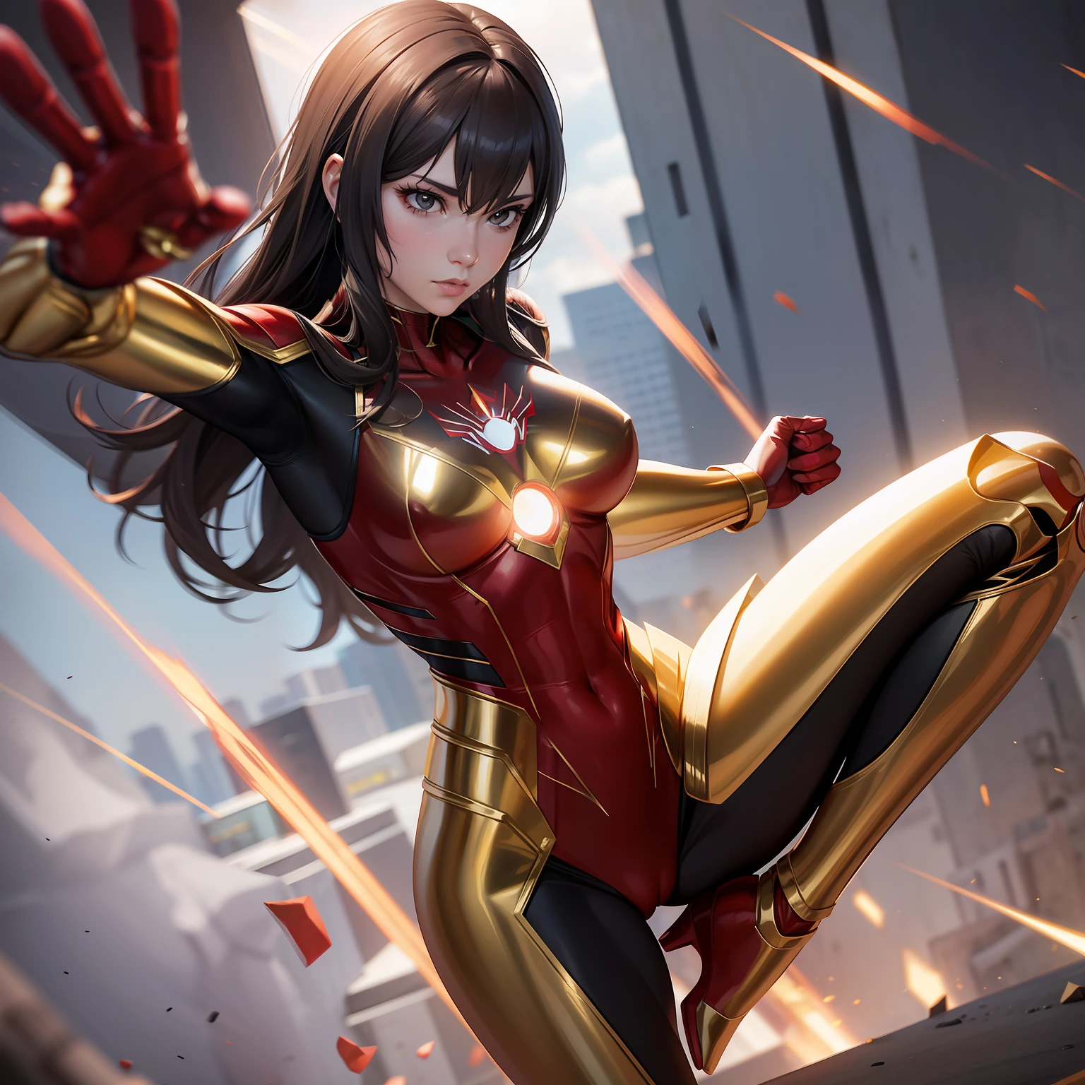 spiderwoman real face Bodysuit with gold and silver motif 18year old Only one person Variety of poses Realistic depiction Photoquality No blurring combat scene ironman (((4 red metal legs))) (sharp fingers:5-Fingers)