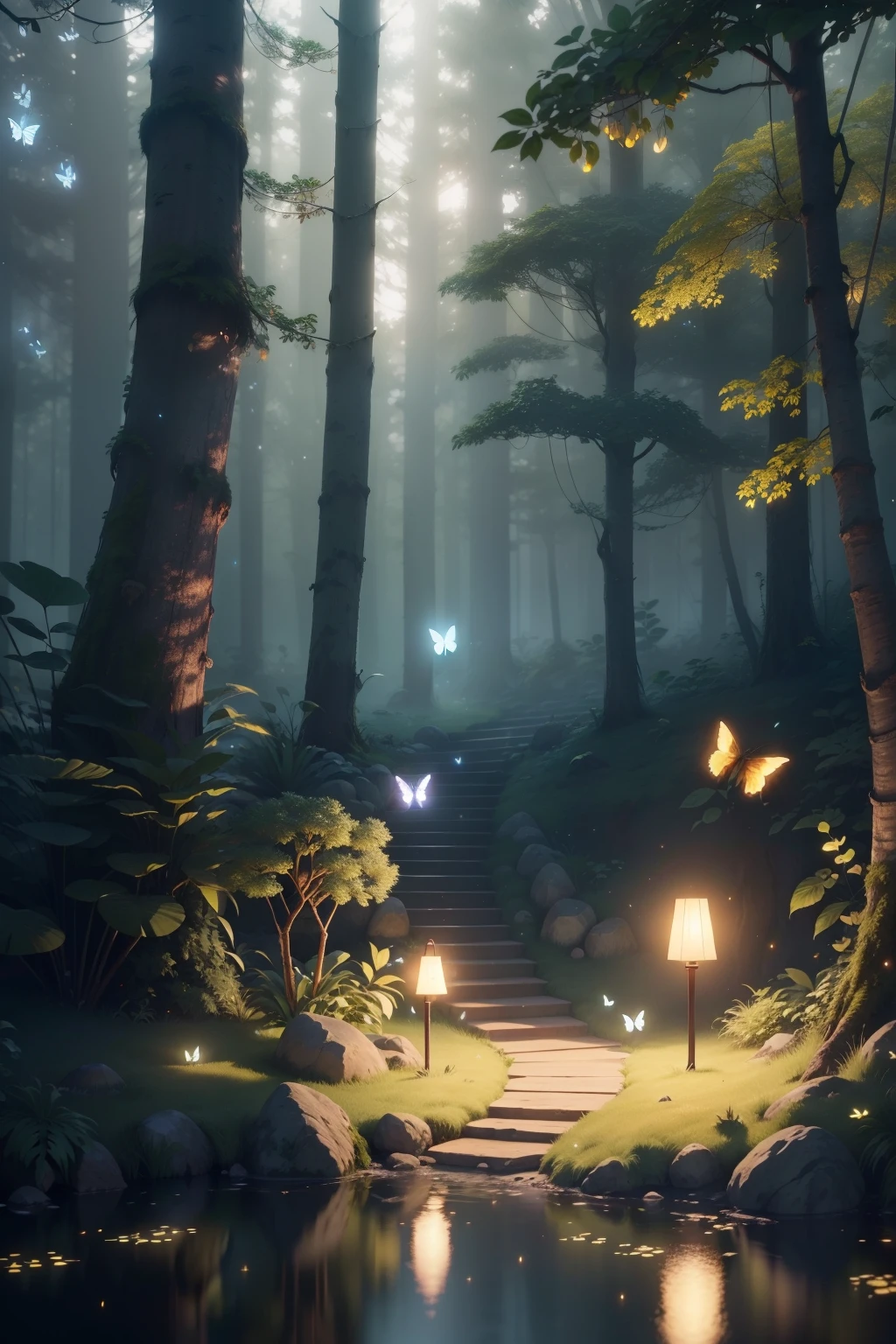 A masterpiece, the best quality, stunning reflections, the best reflections ever. (very detailed CG unity 8k wallpapers), (best quality), (best illustrations), (best shadows), forest theme with natural elements. Tall trees, quiet streams, small glowing mushrooms surrounded by delicate leaves and branches, with fireflies and glowing particle effects,, (natural elements), (jungle theme), (leaves), (twigs), (fireflies), butterflies, (delicate leaves), (glow), (particle effects). , Isometric 3D, Octane Rendering, Ray Traced, Super Detailed